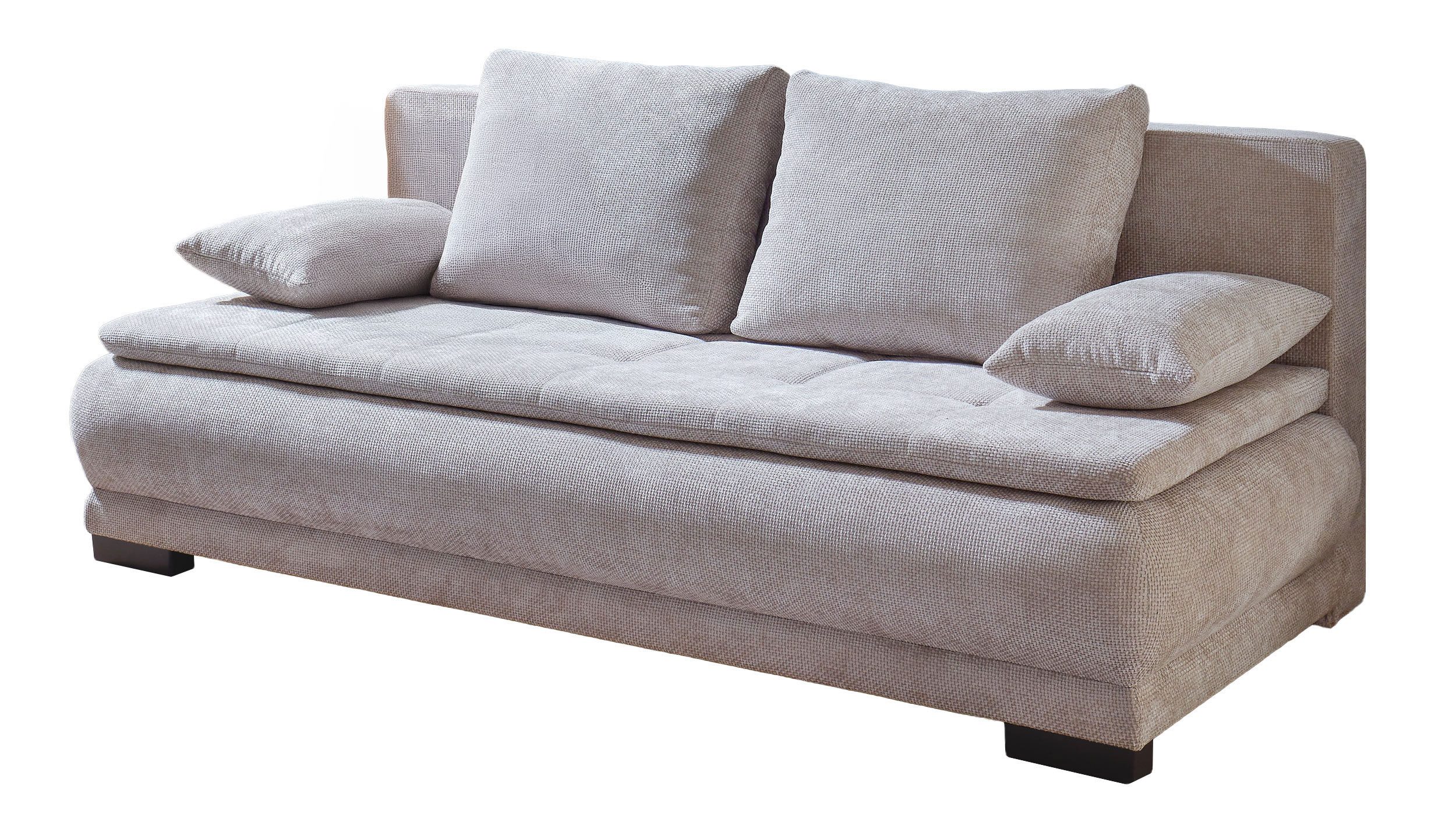 Die Möbelfundgrube® Schlafsofa LIAM 212 cm / Webstoff grau-beige / Bonellfederkern/ mit Bettkasten, inkl. Schlaffunktion mit Liftbeschlag, Bettfunktion, 5 cm Topper