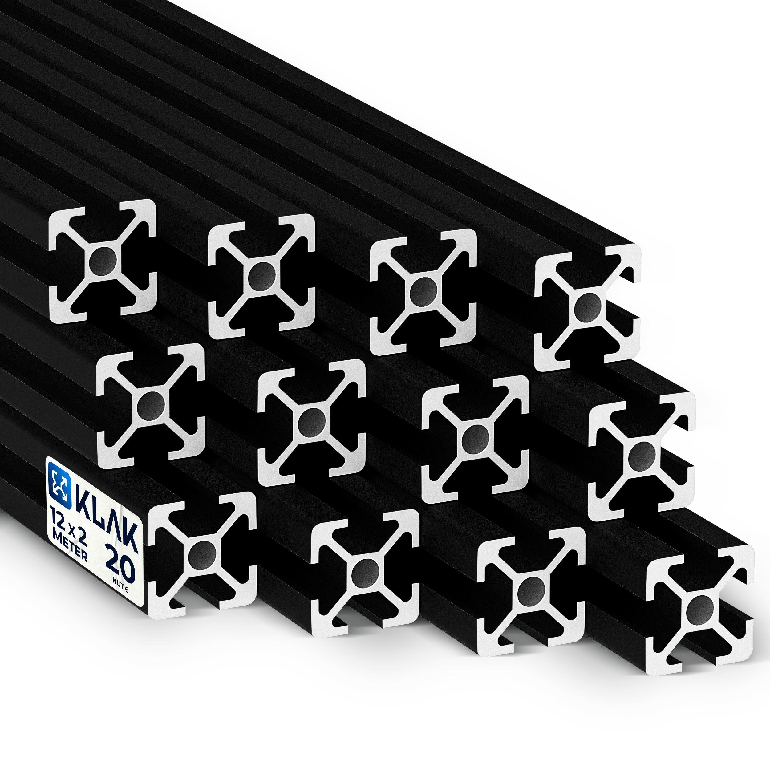 KLAK Profil KLAK 20 - 12x Aluprofil 20x20mm 2m Montageprofil Typ-I Nut 6 schwarz (Set, KLAK 20)