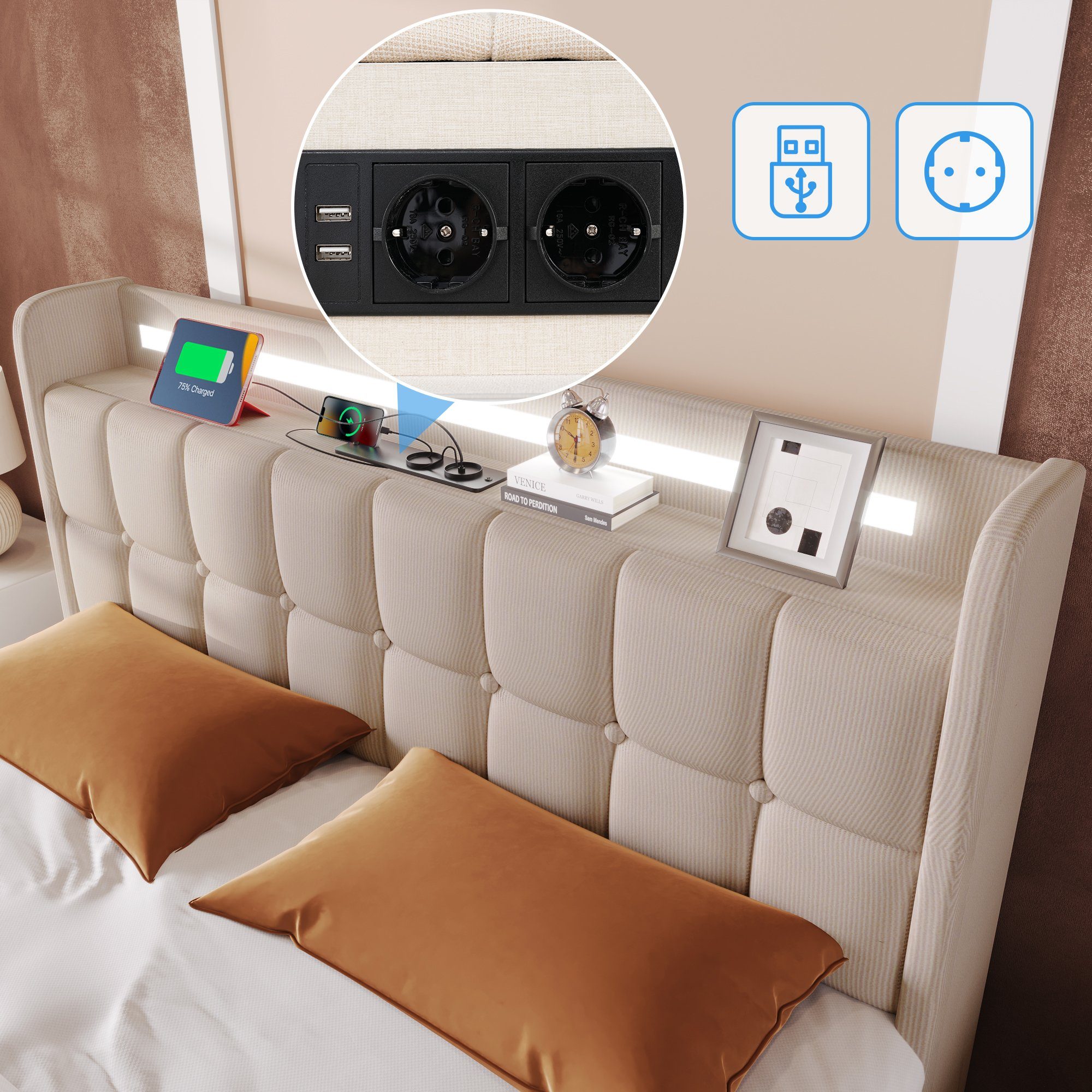 Flieks Polsterbett, LED-Beleuchtung Einzelbett 90x200cm mit Ladefunktion und 2 Schubladen