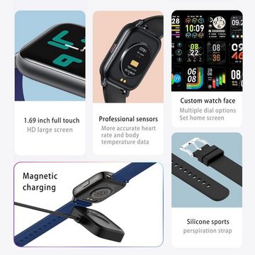 MICGIGI Smartwatch (1,69 Zoll, Android iOS), Pulsmesser schlafmonitor ip68 wasserdicht fitnessuhr mit schrittzähler