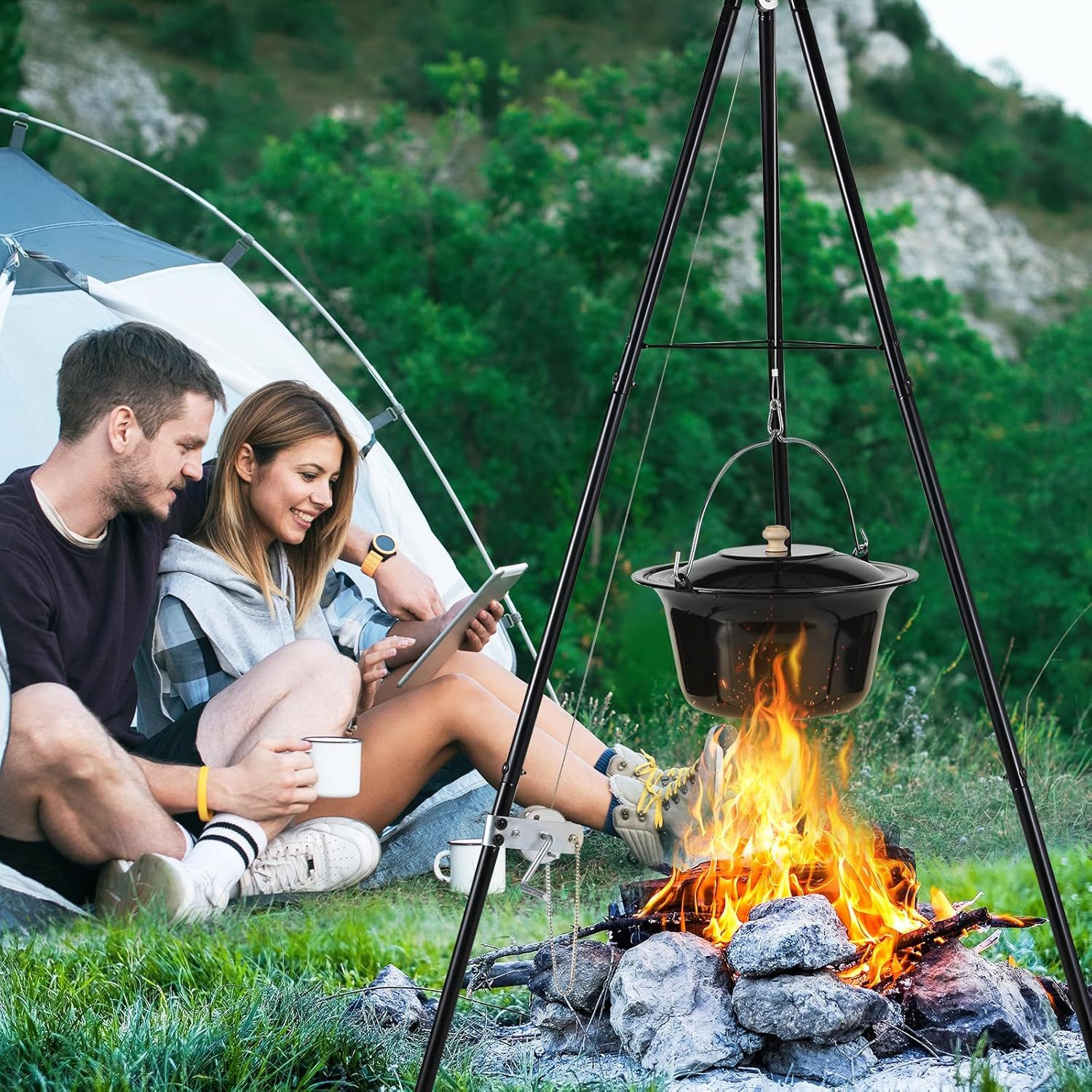 TLGREEN Holzkohlegrill Kesselgulasch Topf, 10L/15L/30L, Gulaschkessel mit Dreibein, Kettenhöhenverstellung, Kesselgulasch Topf Set, für Picknick