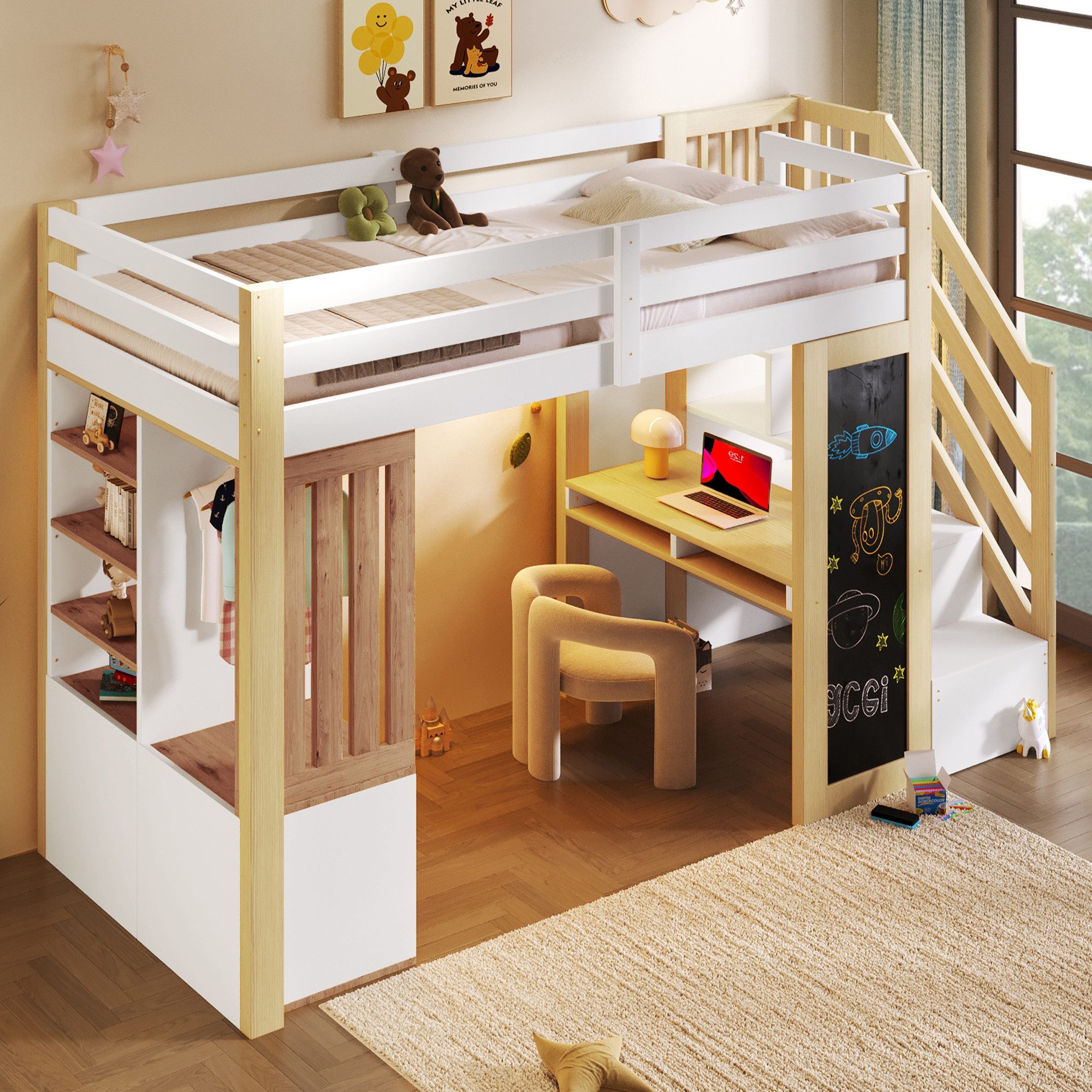 MODFU Hochbett Modernes Kinder-Hochbett (Kleiderschrank, Tafel und LED-Beleuchtung, Weiß+Natur, 1-St., 251.5 x 93.6 x 165)