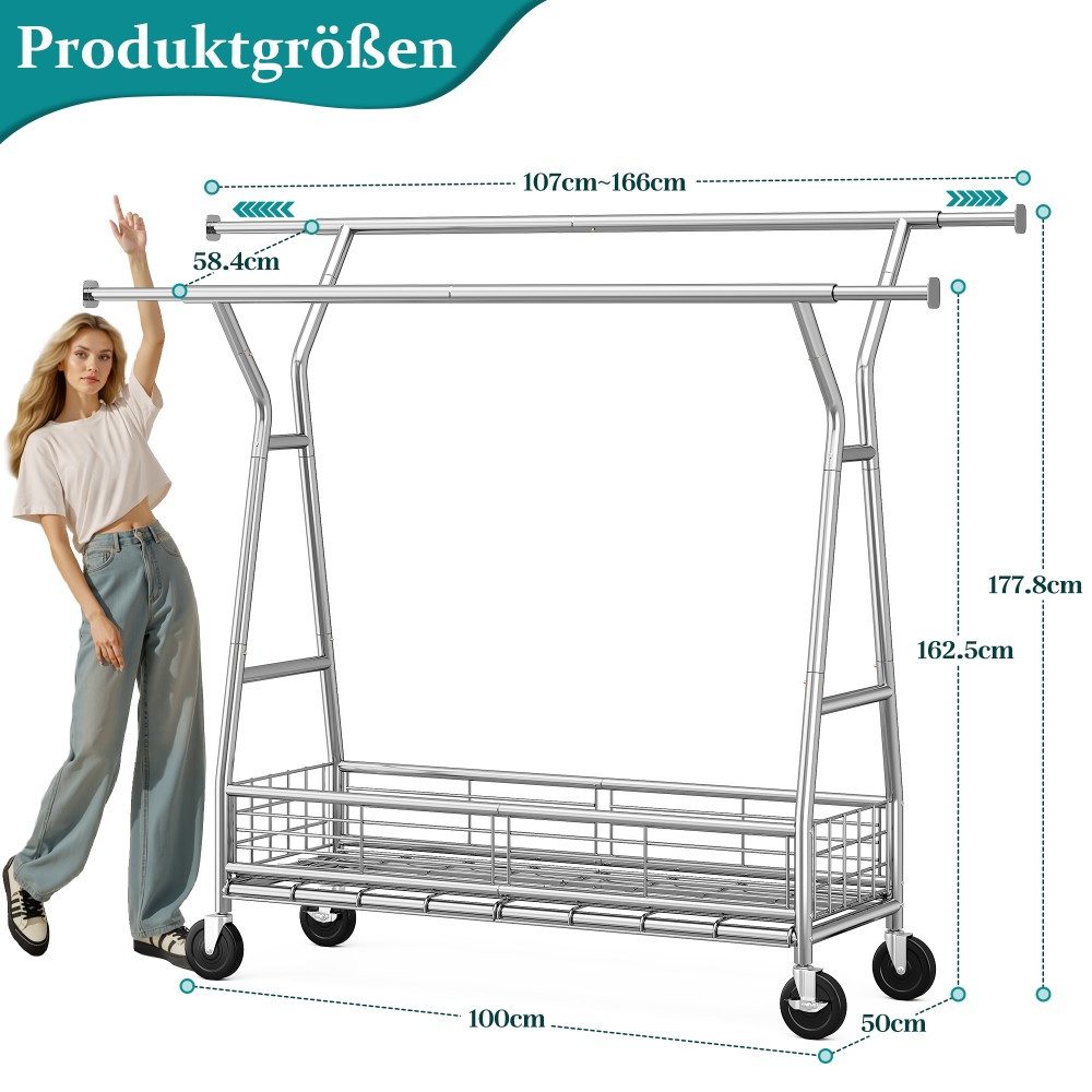 Klyvvo Kleiderständer auf Rollen mit Doppelstange & Netzkorb, 200 kg Schwerlast-Tragkraft, (1 St), reichlich Stauraum für Kleidung & Accessoires