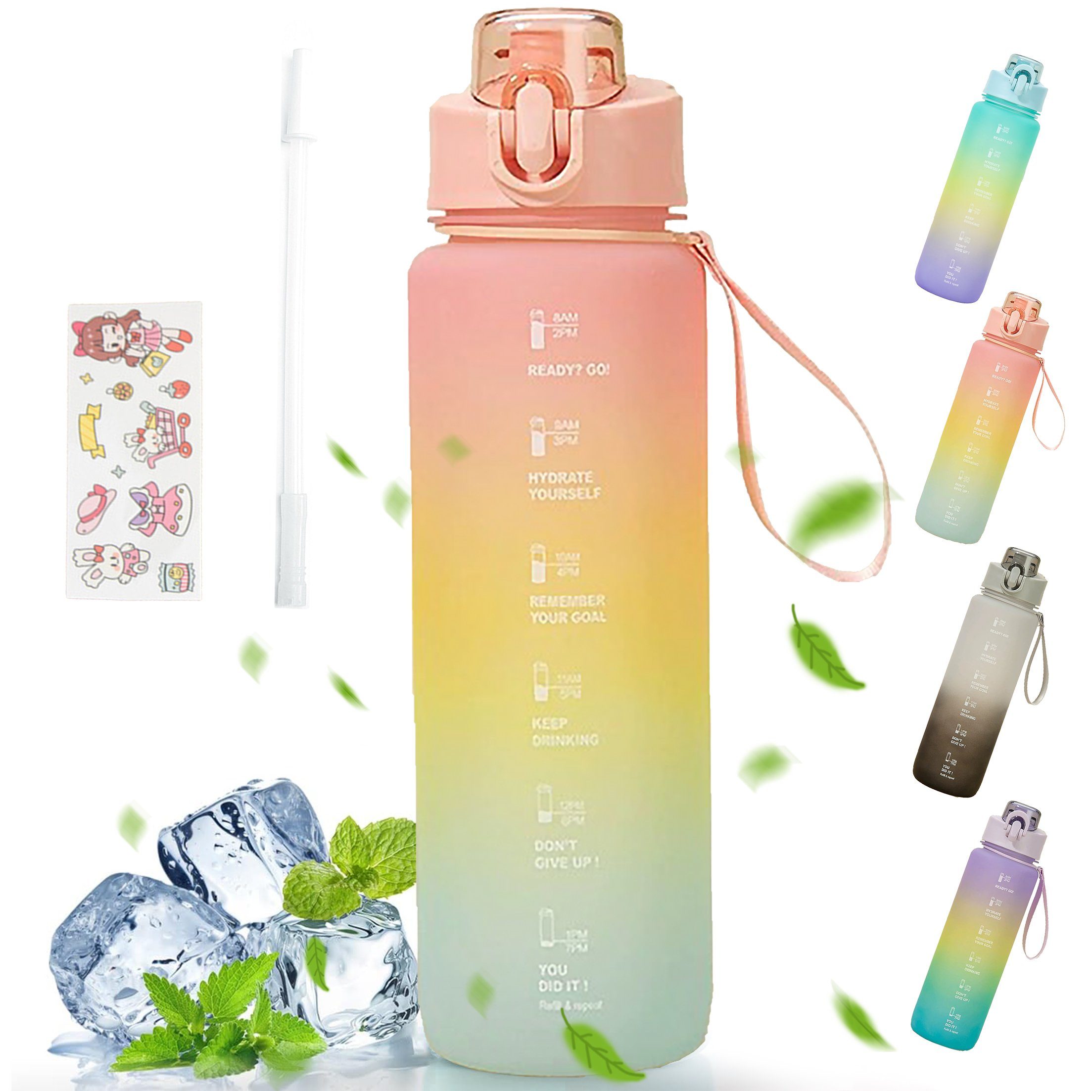 1000ML Wasserflasche mit Sportflasche, mit und Farbverlauf Wasserflasche, Strohhalm Trinkflasche Trinkflasche, LeiGo Zeitstempel Trinkflasche Auslaufsicher, Dreifarbiger