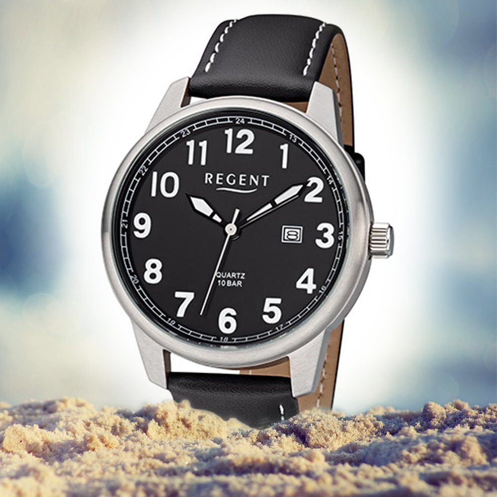 F-1238 Herren Quarz, (ca. Armbanduhr Regent Regent Leder Herren Quarzuhr groß 41mm), rund, Uhr Lederarmband
