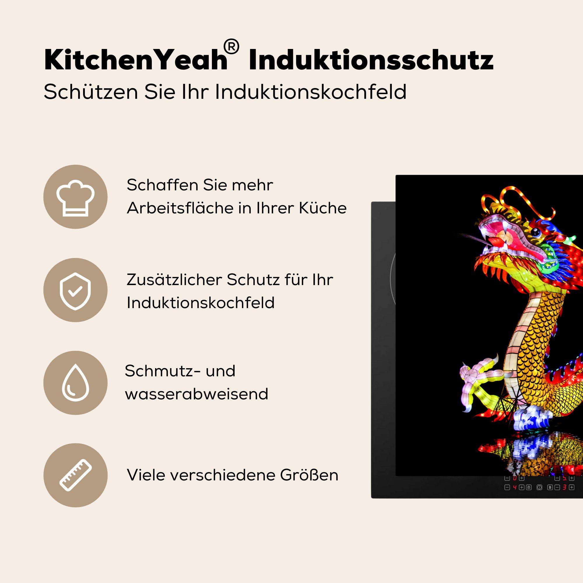 nutzbar, spiegelt Arbeitsfläche Drache Wasser, tlg), MuchoWow im Vinyl, Ceranfeldabdeckung Herdblende-/Abdeckplatte Chinesischer sich (1 Mobile 70x52 cm,