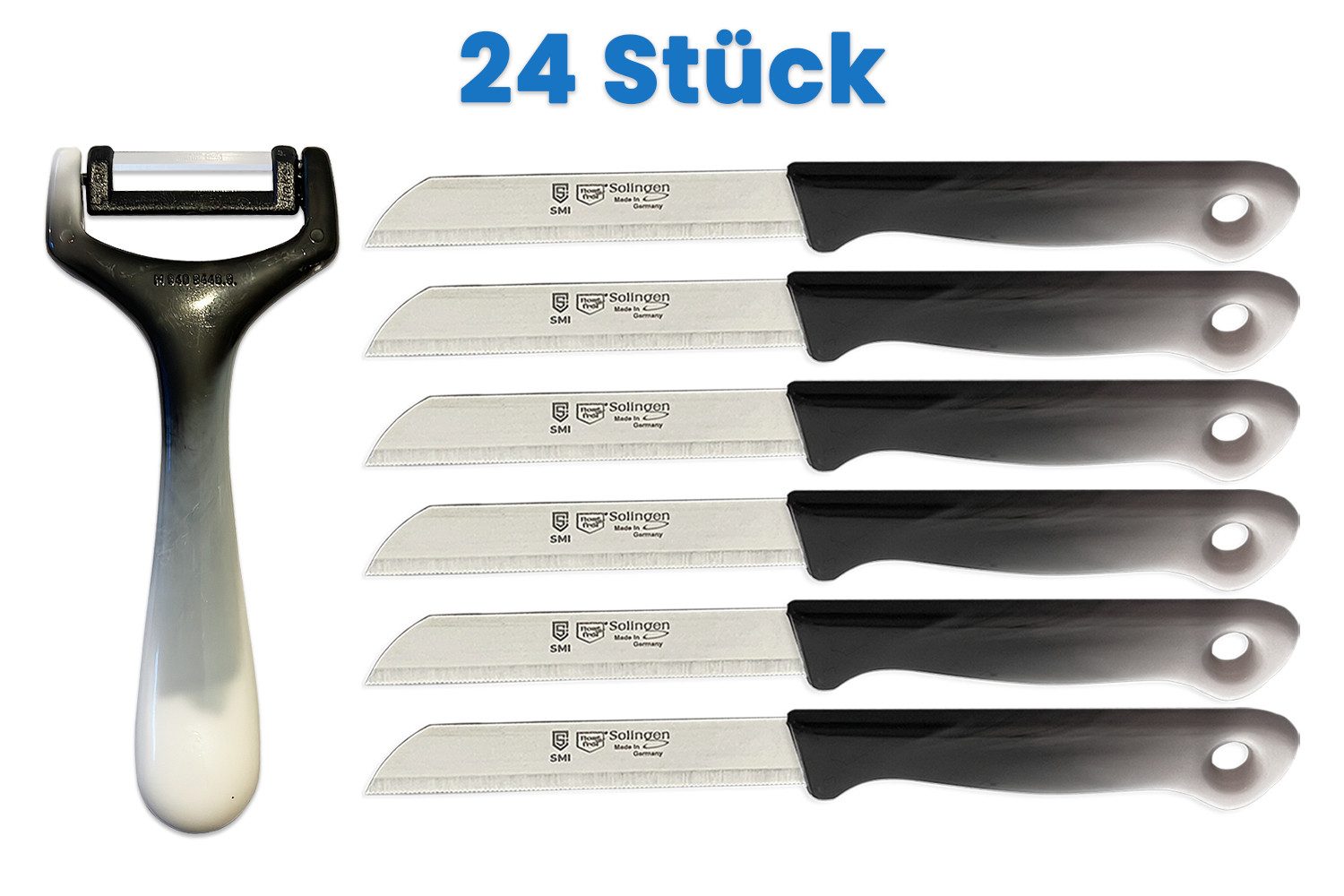 SMI Schälmesser Solingen 24-tlg Schälmesser mit Sparschäler Obstmesser Gemüsemesser, Küchenmesser Wellenschliff