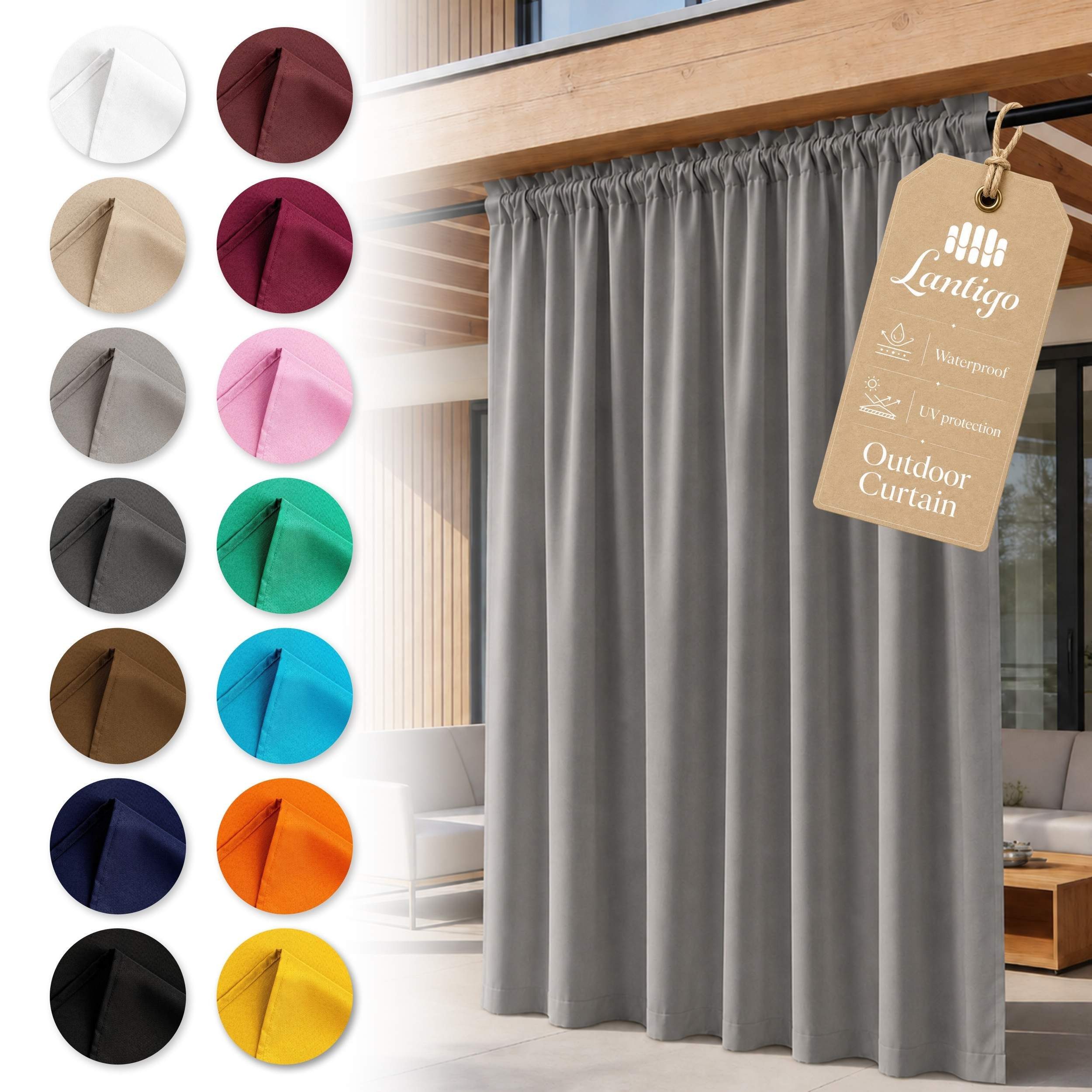 Lantigo Outdoorvorhang Wasserdichter Outdoor-Vorhang mit Stangendurchzug und Raffhalter (1 St), Stangendurchzug, OXFORD 500D, Sichtschutz für Terrasse, Pavillon, Balkon und Garten im Außenbereich