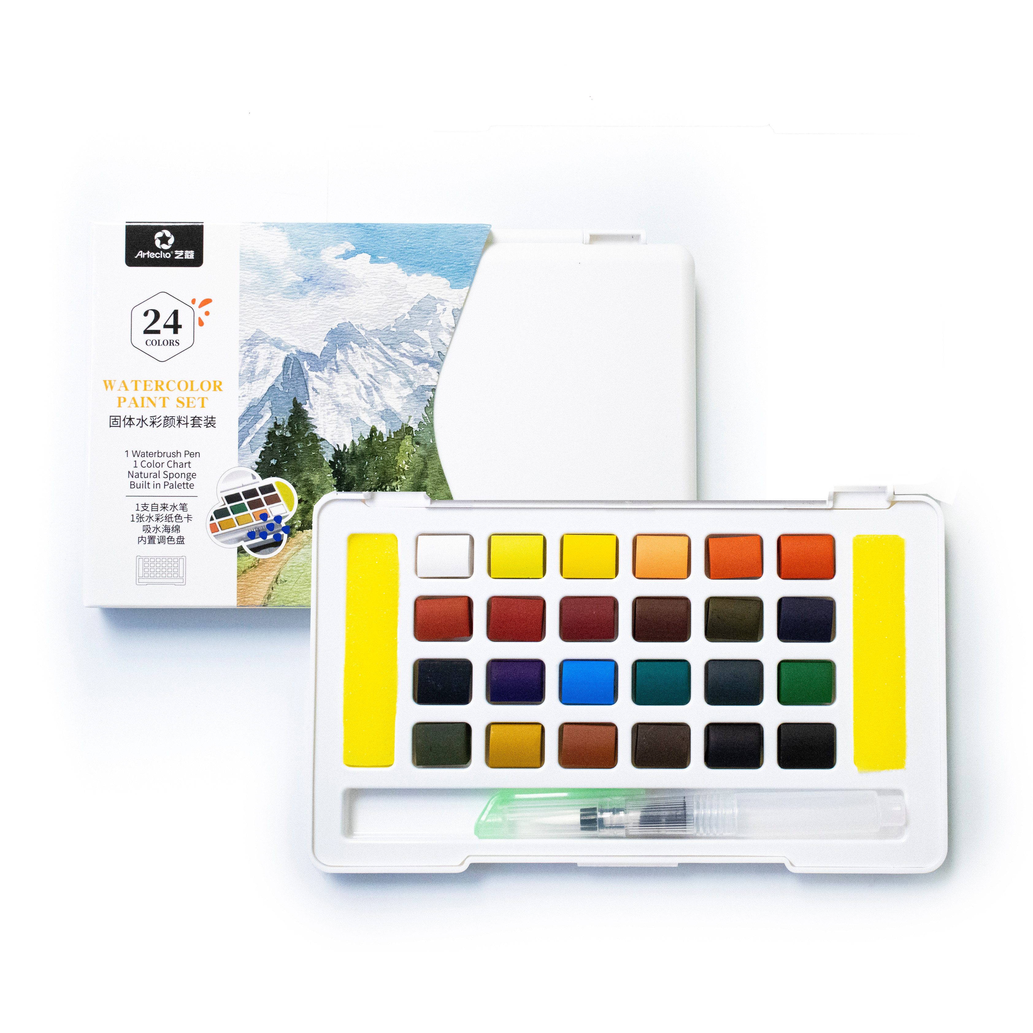 Artecho Aquarellfarbe Set – 24 / 48 / 72 Wasserfarben mit Wassertankpinsel & Schwamm, Für Zuhause oder kreative Reisen geeignet