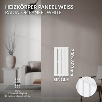 LuxeBath Heizkörper Paneelheizkörper Einlagig 600x300 mm Weiß ML-Design, Einlagig 300x600mm Weiß Mittelanschluss Vertikal mit Montage-Set