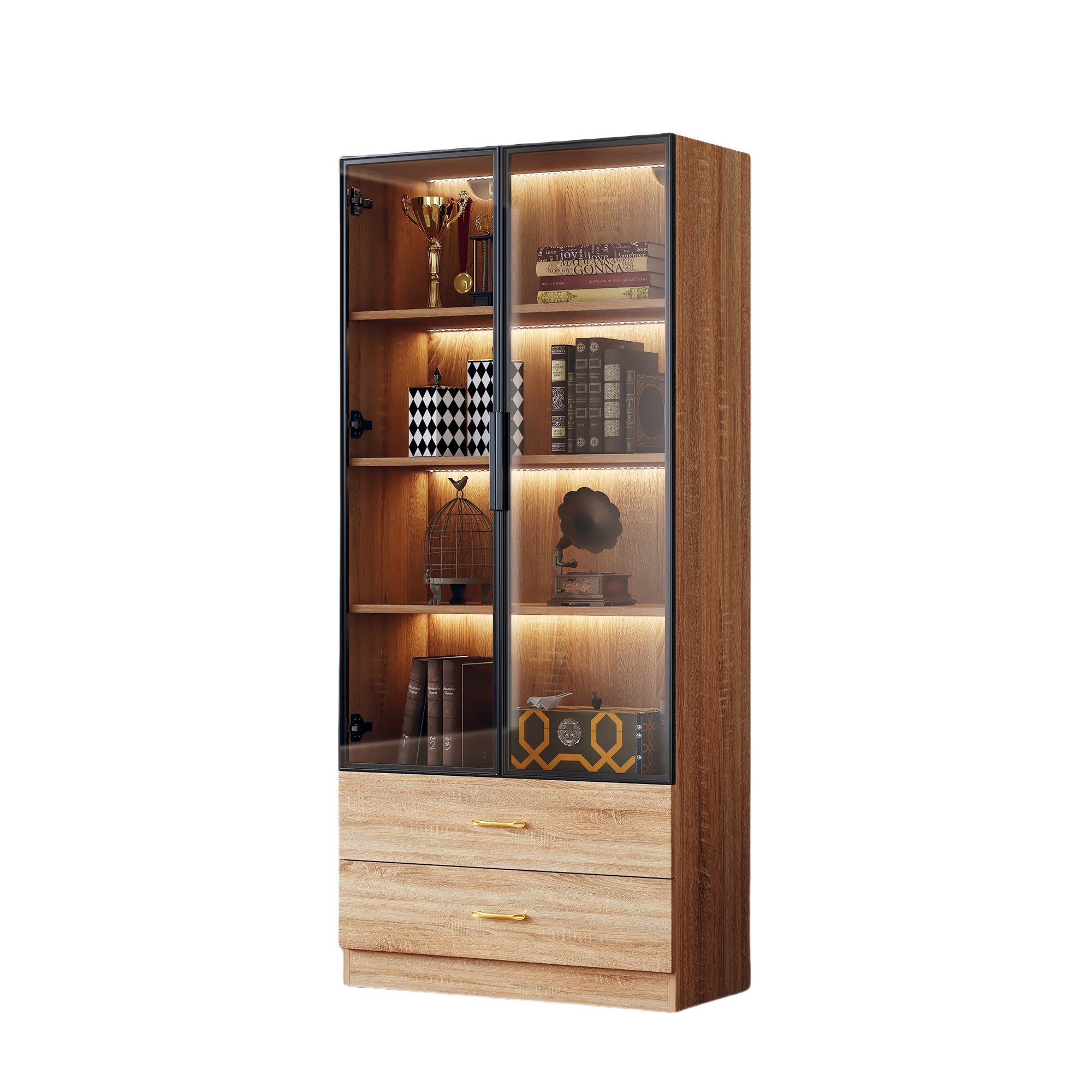 OKWISH Vitrine Badezimmerschrank (Hochschrank, Lagerschrank, Highboard, Lagerschränke, 1-St., mit 2 großen Schubladen und 2 Türen) mit Lichtleiste, Glastür