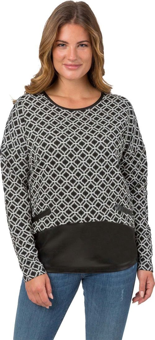 Rundhalspullover 183-7607, Pullover in abstrakten Muster mit Lederimitat