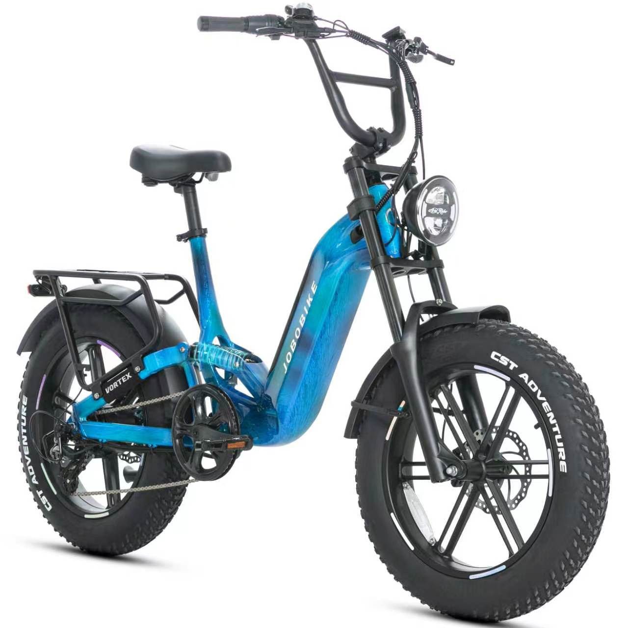 JOBOBIKE E-Bike Mountainbike 20x4,0 Zoll, 720Wh, 150km, Fully, Vollfederung, Lockout-Federgabel, 7 Gang Shimano, Kettenschaltung, Heckmotor, 720 Wh, Drehmomentsensor, 130 Lux Frontlicht, Bremslicht, Hydr. Bremsen