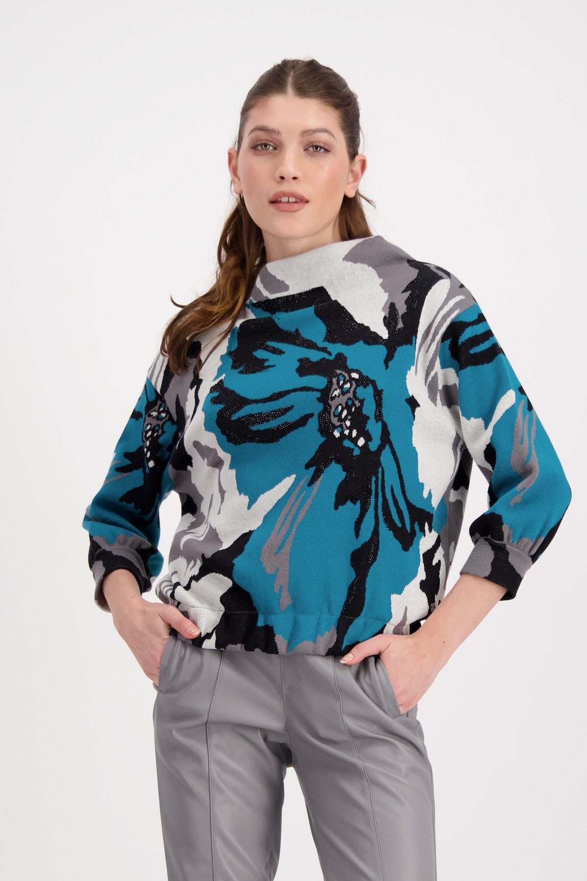 Monari Strickpullover Jacquard Pullover mit Blumenmuster, Pulli Wolle