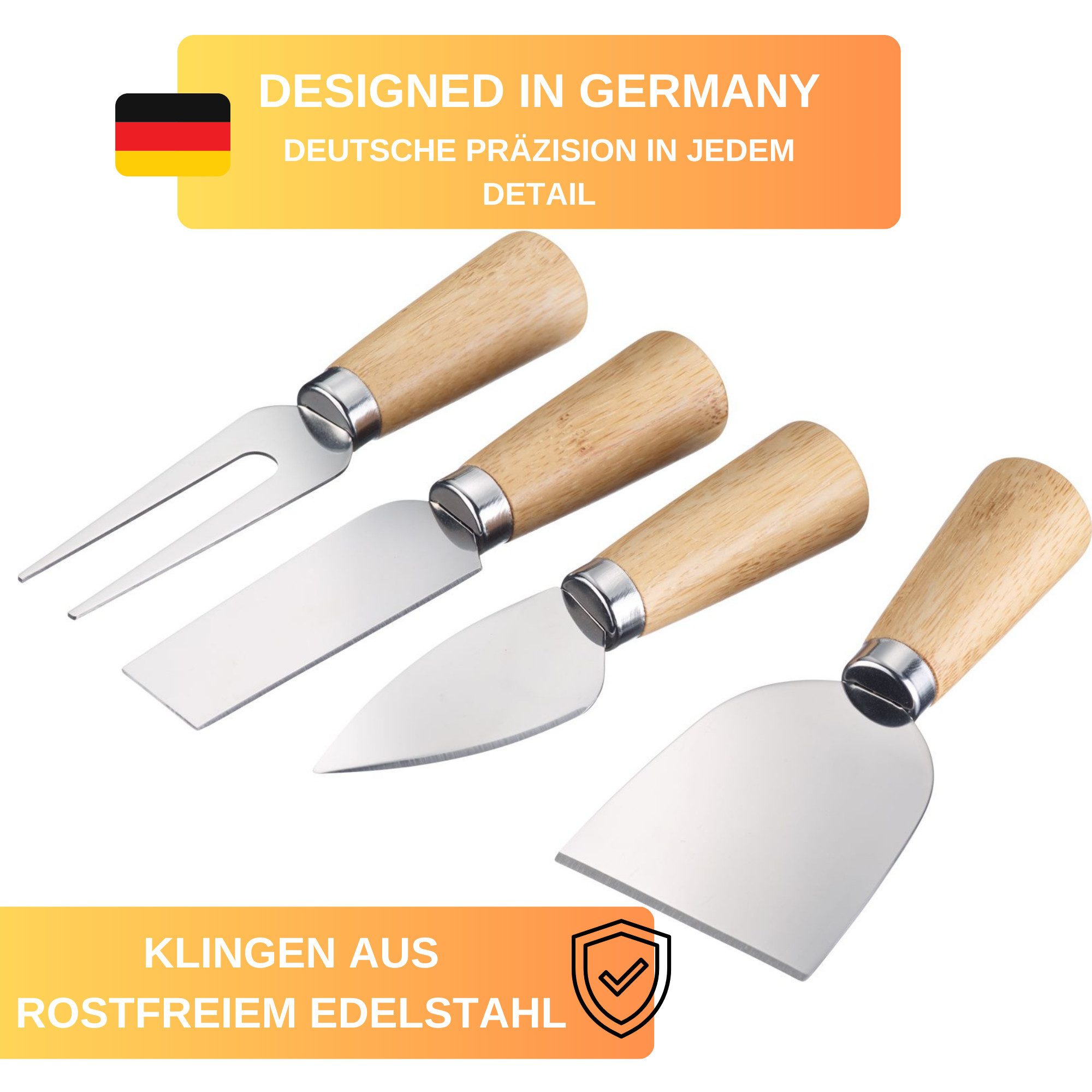 Thiru Käsemesser 5-teiliges Set inkl. dekorativer Bambus Halterung, 5-tlg. Set, Holzgriff, Edelstahl Klingen, Bambus Halterung – Bild 2 von 5