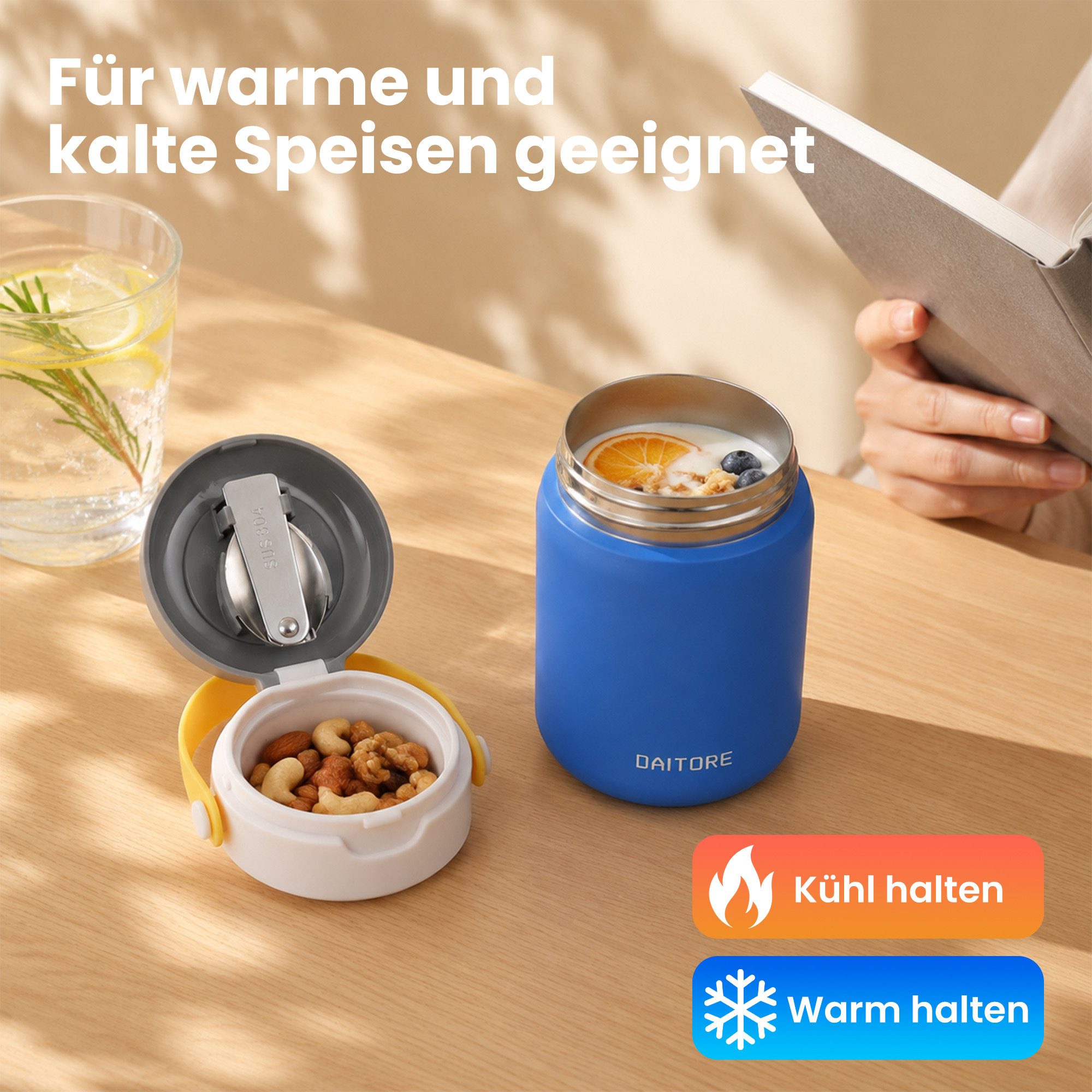 DAITORE Thermobehälter 480ml Thermobehälter Edelstahl 304 mit Löffel, auslaufsicher, (Geeignet für Büro, Schule, Reisen, Vielseitige Anwendung), 5h warm & 8h ka – Bild 3 von 5