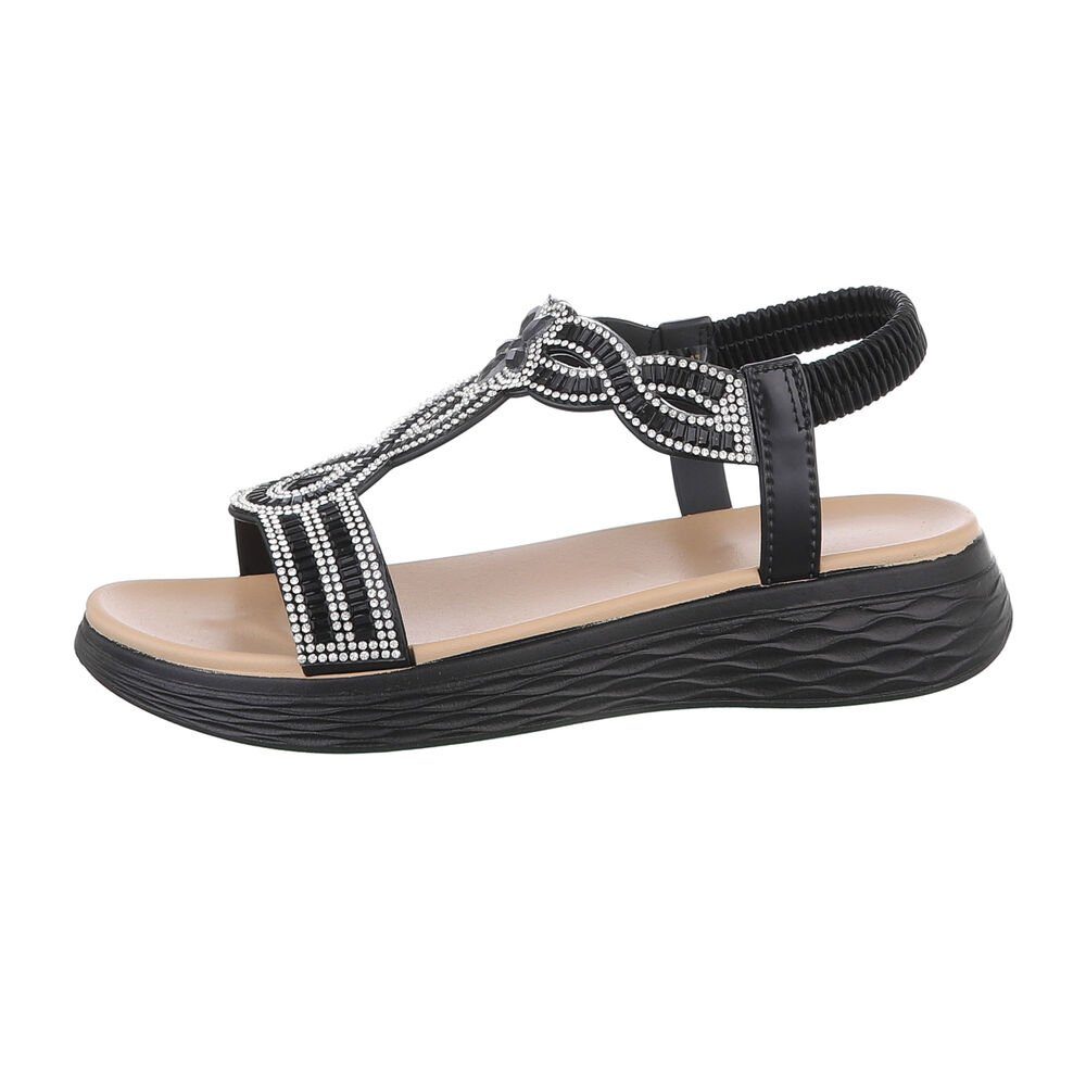 Ital-Design Damen Freizeit Riemchensandalette Keilabsatz/Wedge Keilsandaletten in Schwarz