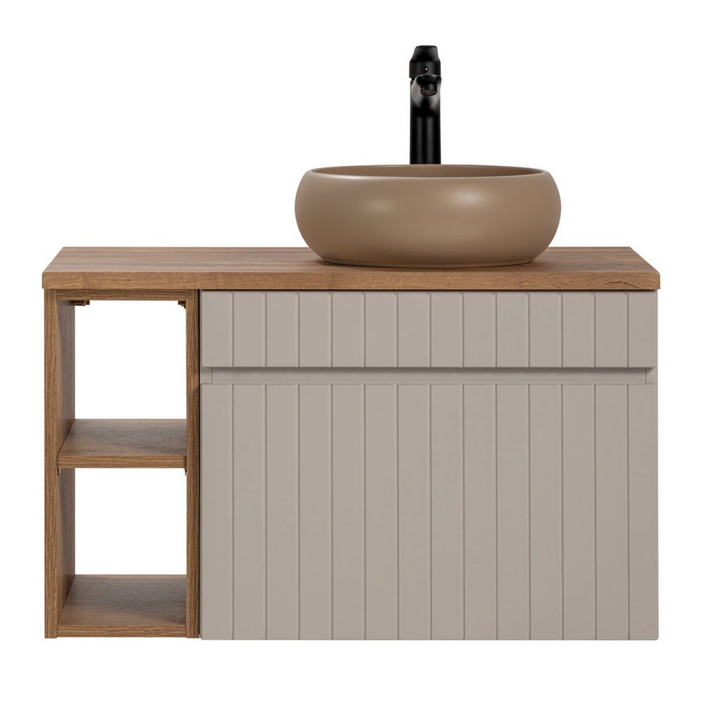 Lomadox Waschtisch IRAKLIO-56-CASHMERE, Eiche Nb., Kaschmir, 80,4 cm, Regal, 1 Auszug, Keramik Waschbecken
