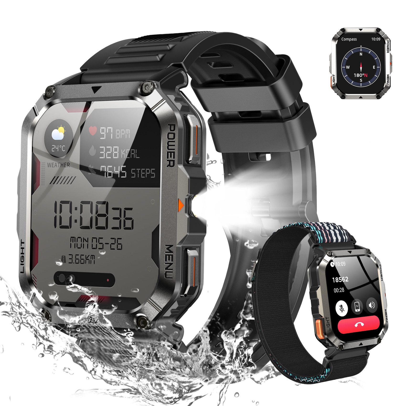 IOWODO Robuste Herren-Smartwatch, Bluetooth-Anrufe, 20-Tage-Akku, Outdoor-Pro Smartwatch Set, mit Wechselband aus weichemSilikon und Ladekabel, 900 mAh,Kompass & Taschenlampe,SOS,App-Fitnesskurse,Schrittzähler,IP68