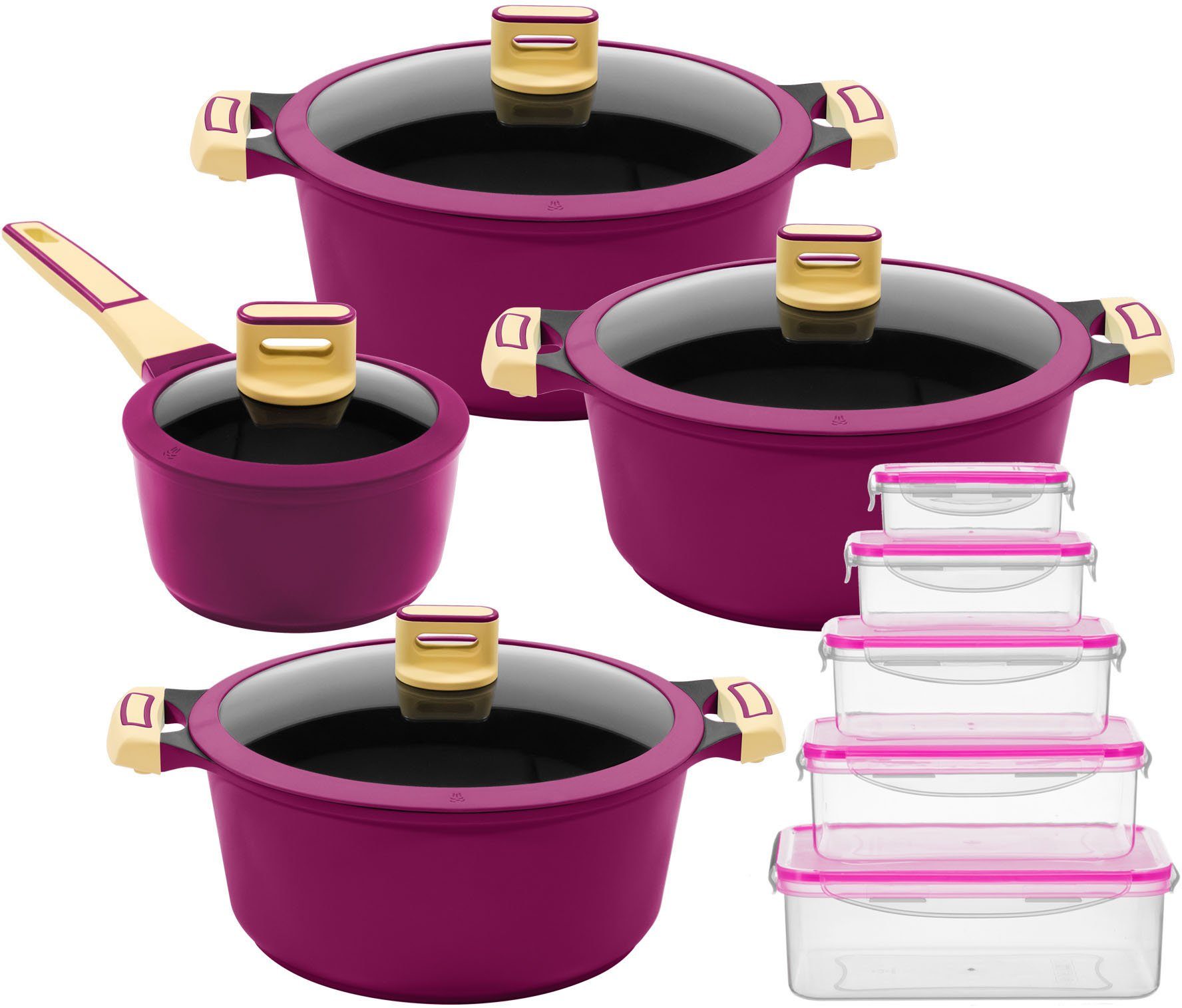 KING Topf-Set GOURMET«, Aluminiumguss (Set, 18-tlg., Kochtopf 18/20/24 cm, Stieltopf 16 cm, Vorratsdosen-Set), Deckel Silikonrand,Antihaft-Beschichtung,Induktion