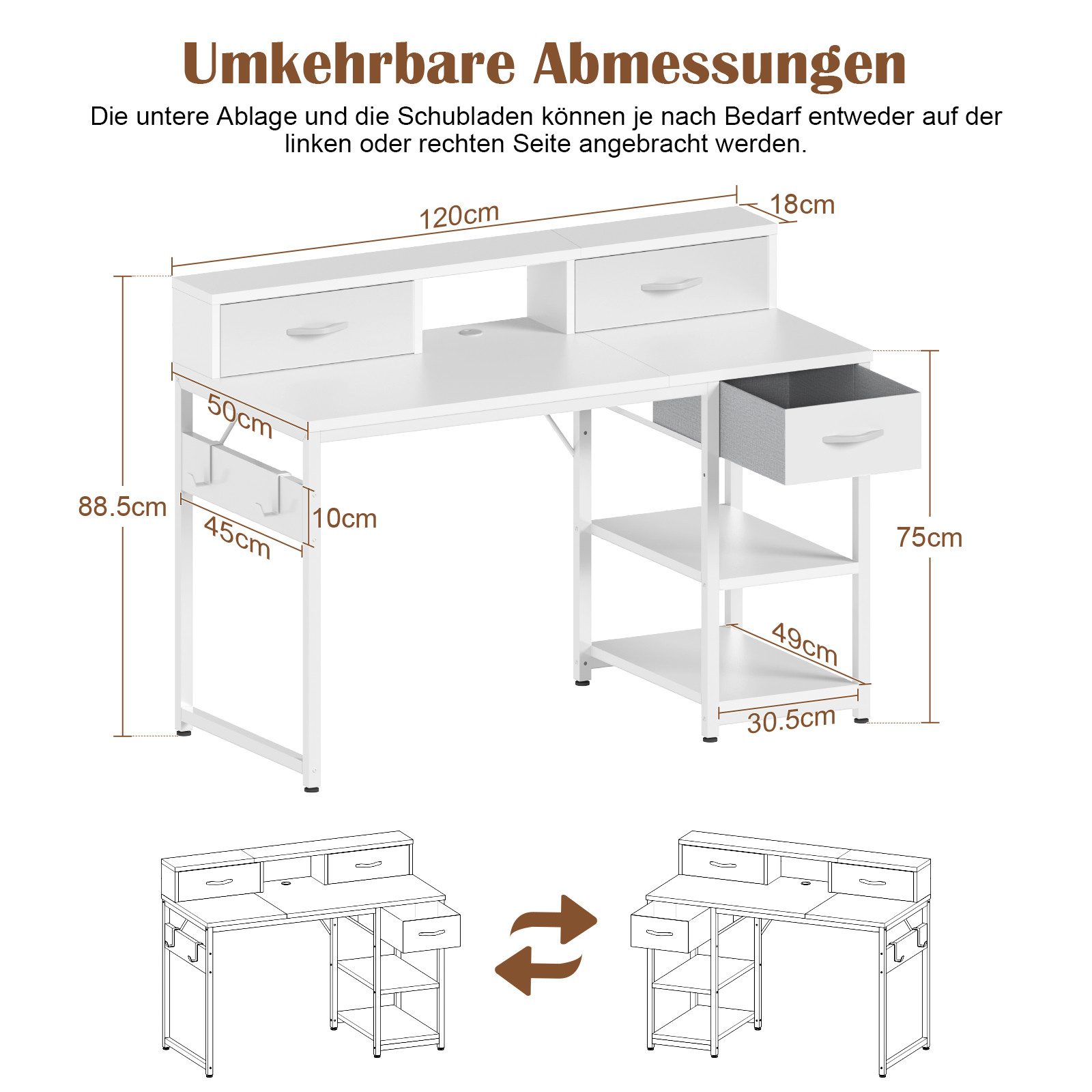 HOMALL Schreibtisch Klappbarer Schreibtisch mit Monitorhalterung Gaming-Schreibtisch (1,2 m lang, mit 3 Schubladen und 2 Ablagen, kann sowohl links als auch rechts montiert werden)