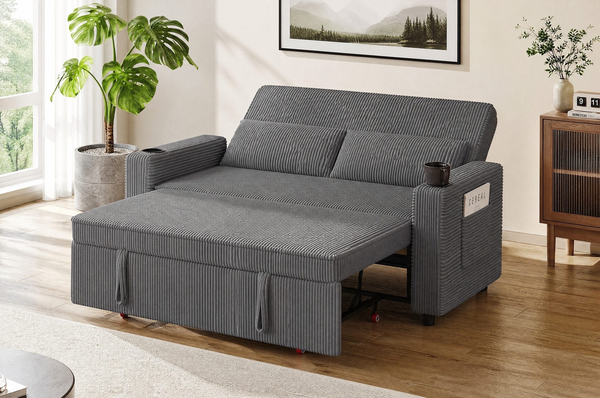 GUNJI Schlafsofa 2-Sitzer Ausziehbar Sofa,Modernes Edler Cord-Stoff, mit Unterbett,Getränkehalter,seitlicher Tasche und 2 Kissen