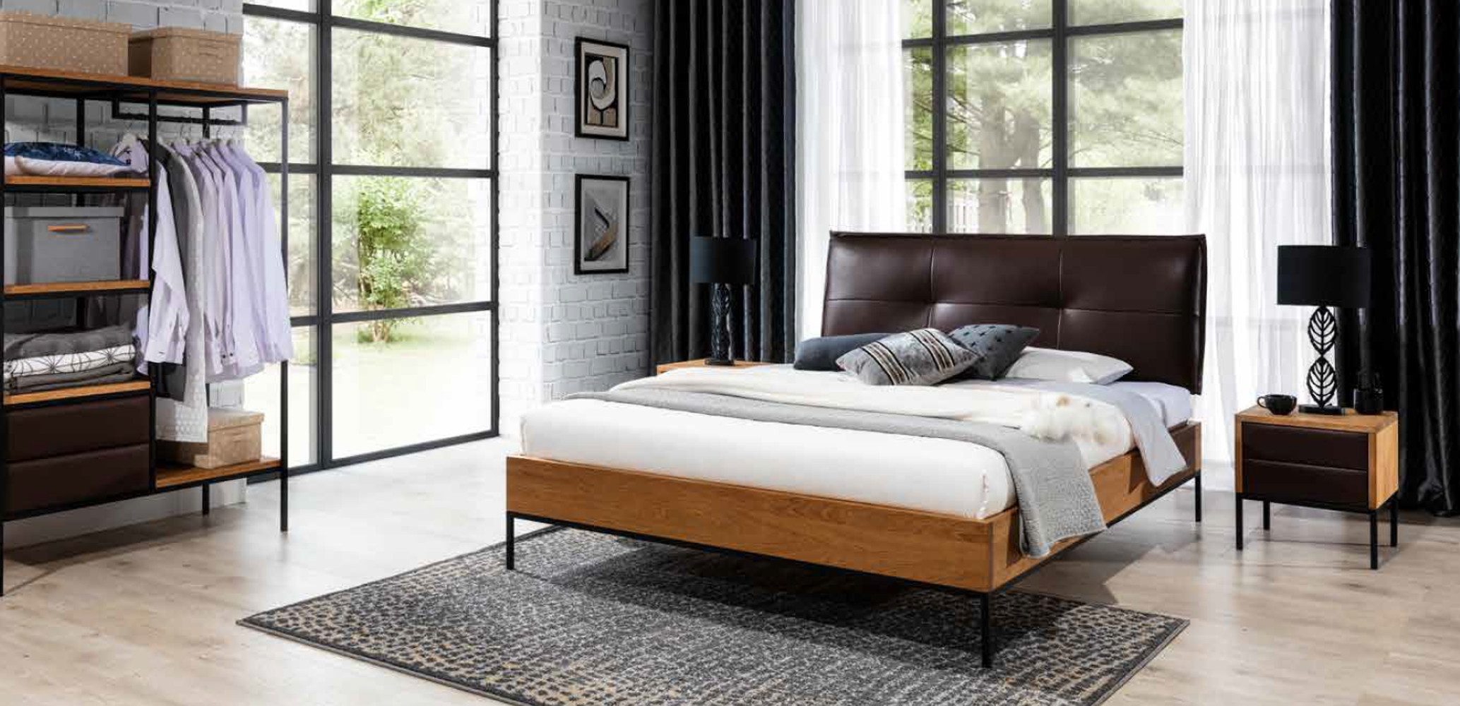 Xlmoebel Schlafzimmer-Set Holzbett im Loft-Stil mit Kommode und praktischem Schrank, (Schlafzimmer Set), Hergestellt in Europa