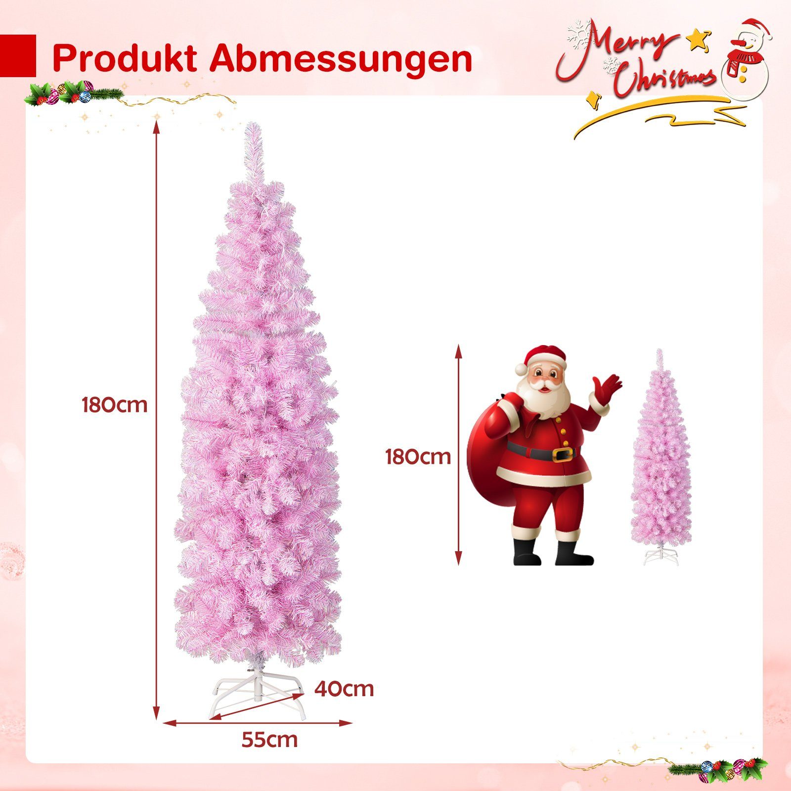 Weihnachtsbaum, 180cm Bleistift, COSTWAY Künstlicher kaltweißen Rosa mit LEDs, 250