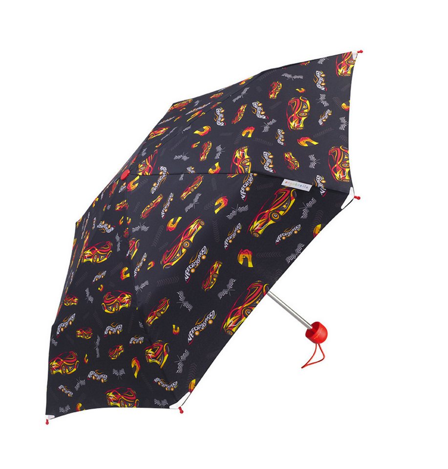 HAPPY RAIN Taschenregenschirm Ergobrella Kinderregenschirm mit reflektierenden Ecken Racing Cars, leicht