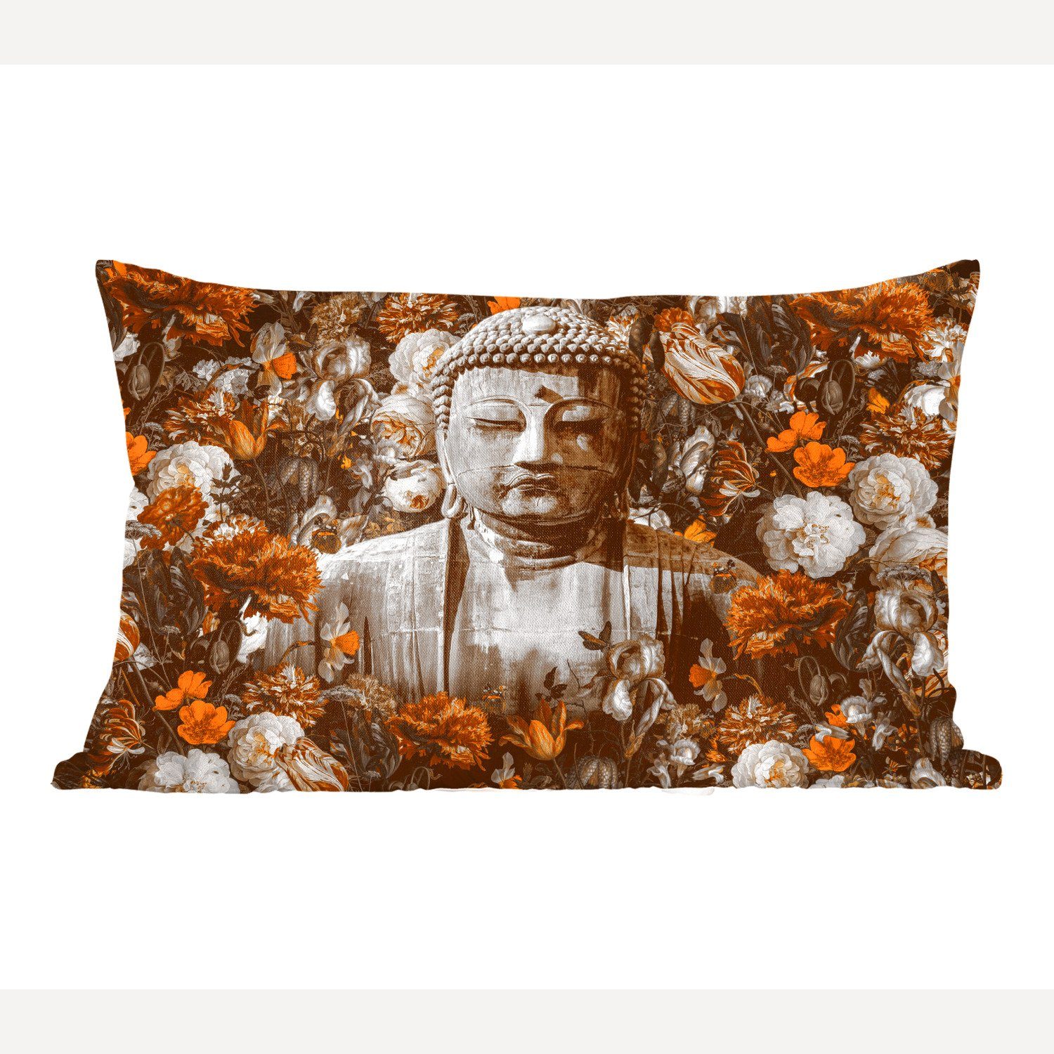 MuchoWow Dekokissen Buddha - Blumen - Orange, Wohzimmer Dekoration, Zierkissen, Dekokissen mit Füllung, Schlafzimmer