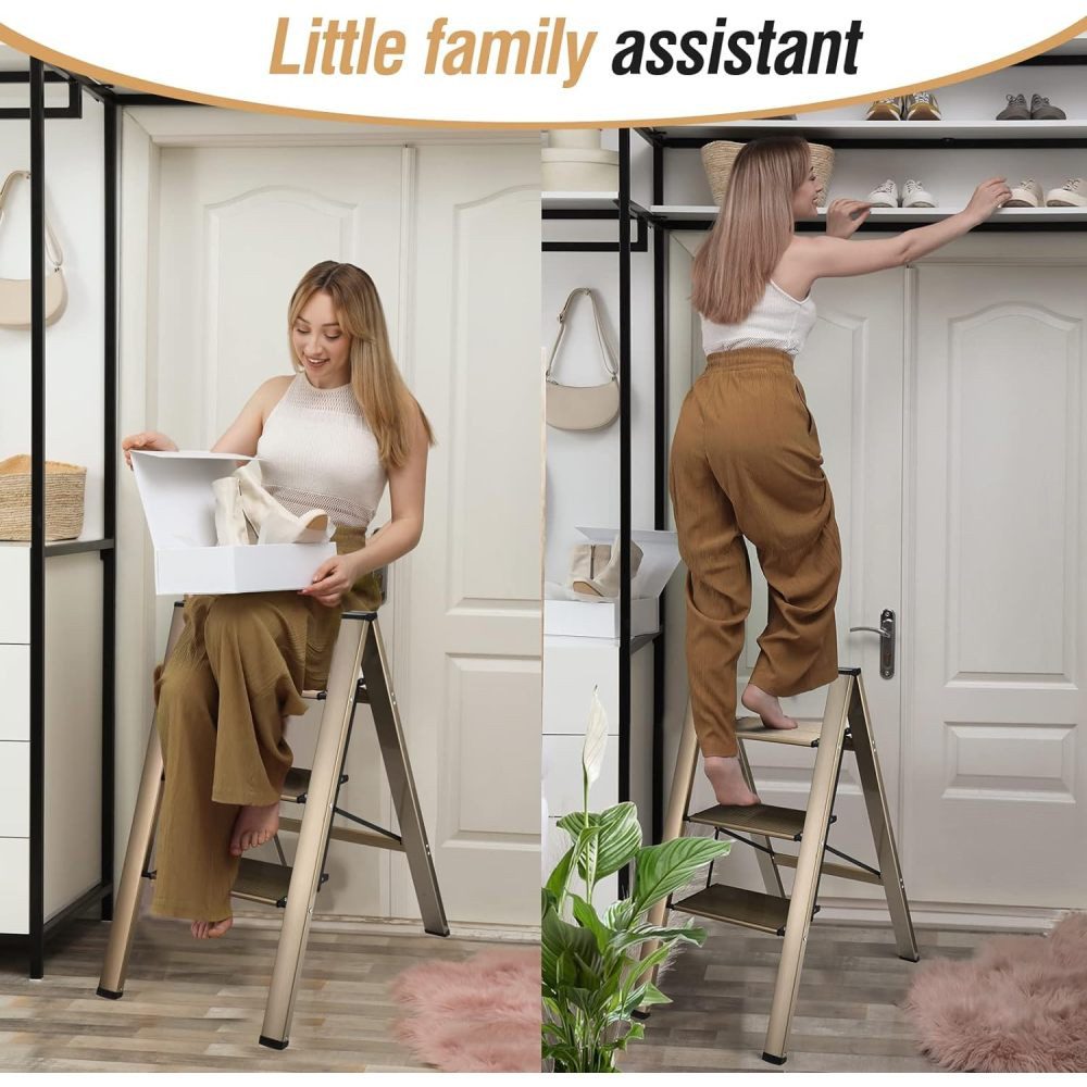 BBWL Trittleiter 3 Step Ladder Aluminium Faltbare mit breiten Anti-Rutsch Stufen, 330 lbs Tragkraft für Küche Haushalt platzsparend stabil – Bild 3 von 5