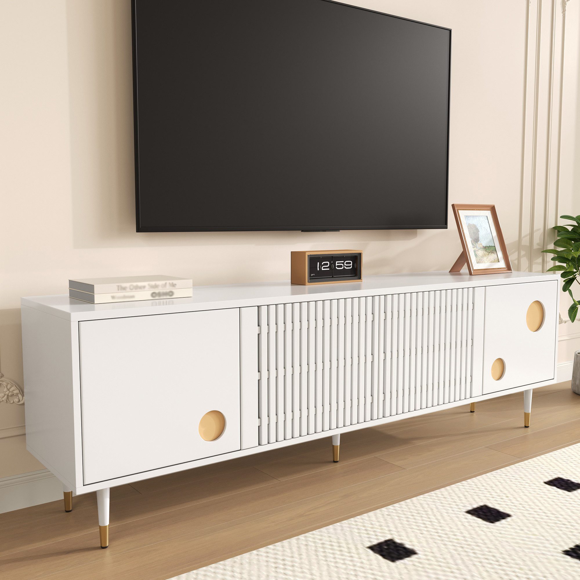 TV-Schrank Lowboard TV Bank Fernsehtisch TV Möbel Gitterstruktur Massivholztür