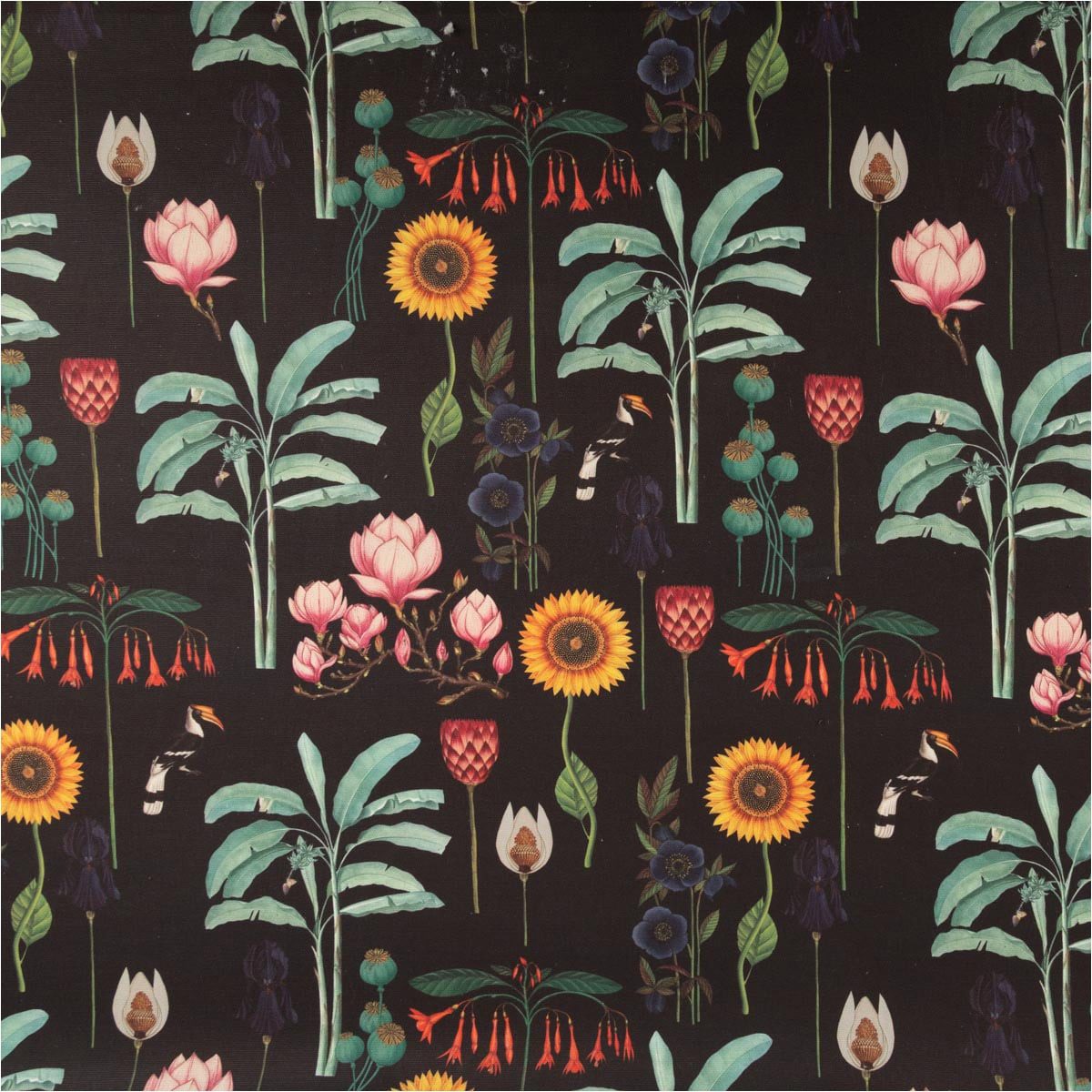SCHÖNER LEBEN. Stoff Baumwollstoff Meterware Blumen Palmenblätter schwarz bunt 1,40m, allergikergeeignet
