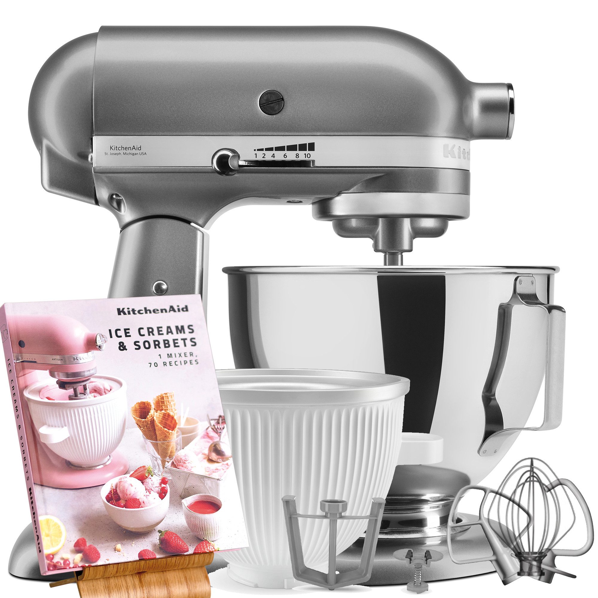 KitchenAid Küchenmaschine Aktions Set 5KSM95PSECU + Eisschüssel 5KSMICM + Rezeptbuch, 275 W, 4,3 l Schüssel, 275 W, 4,3 L Schüssel, 1,9 l Eisschüssel, weiteres Zubehör