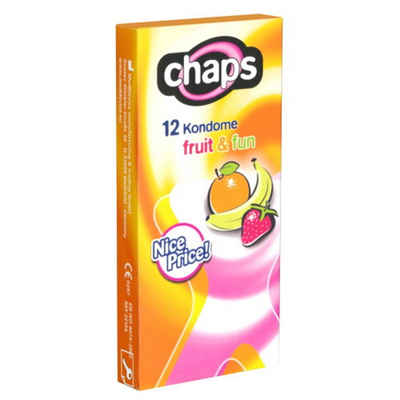 Chaps Kondome Fruit & Fun (Erdbeer, Tutti-Frutti, Banane & Orange) Packung mit, 12 St., Kondome mit Geschmack, 4 Sorten im Mix, farbige und fruchtige Kondome