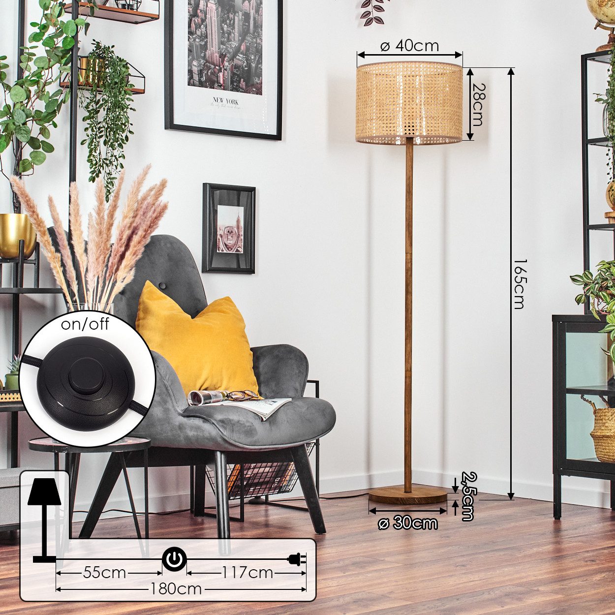 hofstein Stehlampe moderne Stehlampe aus Holz/Rattan/Wienergeflecht in Naturfarben, ohne Leuchtmittel – Bild 4 von 5