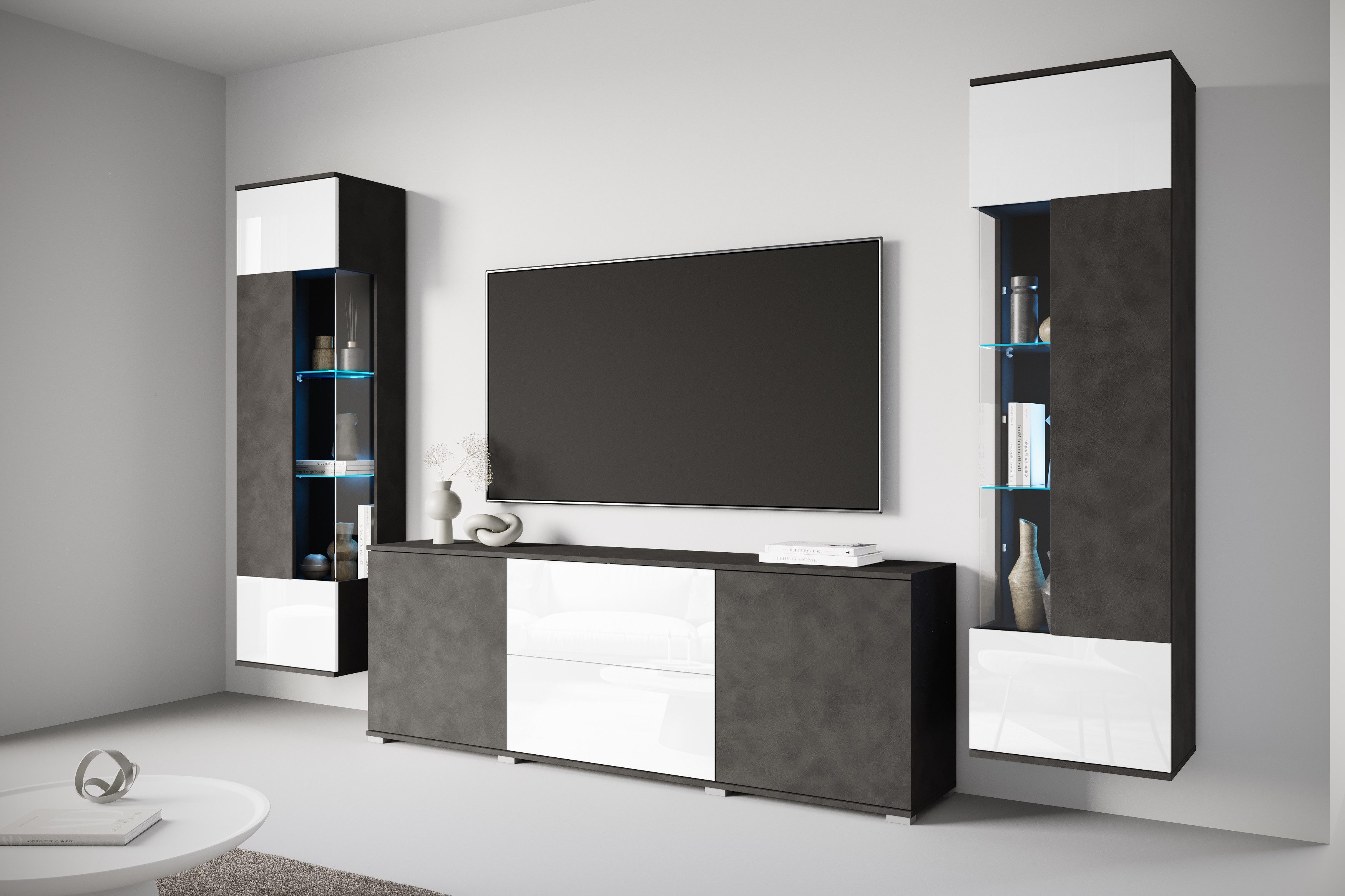 OTTO home Wohnwand KENIA, (Komplett-Set, 3-St), Vitrinen mit Eckverglasung, hängend und stehend montierbar