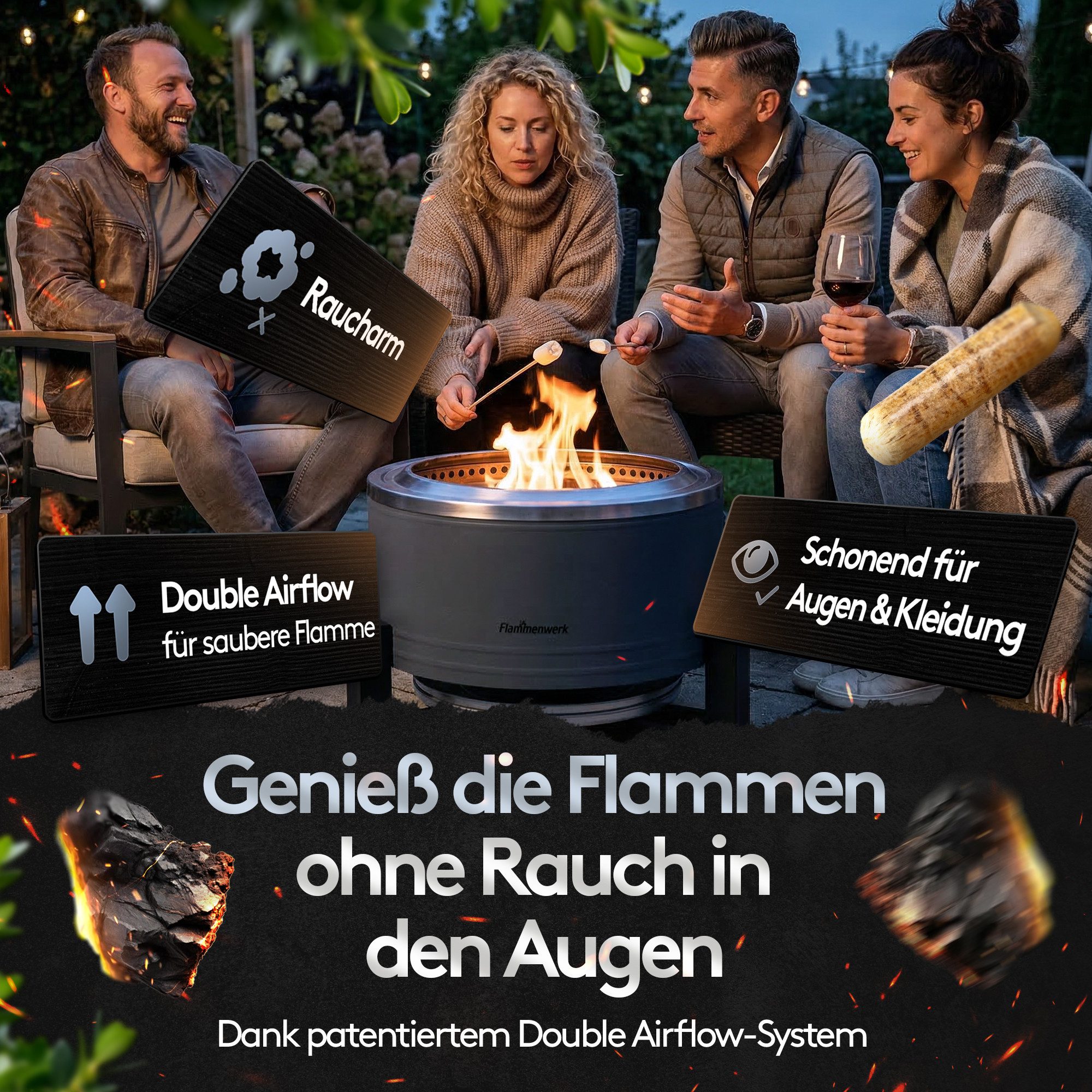 Flammenwerk Feuerschale Rauchfreier Feuerkorb 22" mit Grillrost & Abdeckung, (1-St., Inkl. Grillrost & Abdeckung), Feuerstelle & Grill für Garten, Camping & Terrasse