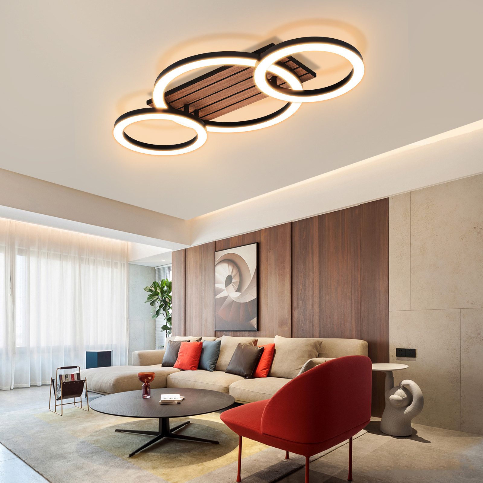 ZMH LED Deckenleuchte 3-Ringe 58 cm Schwarz Holzoptik 21W Warmweiß, LED fest integriert, warmweiß, 3-Ringe-Design, Holzoptik, warmweißes Licht – Bild 5 von 5