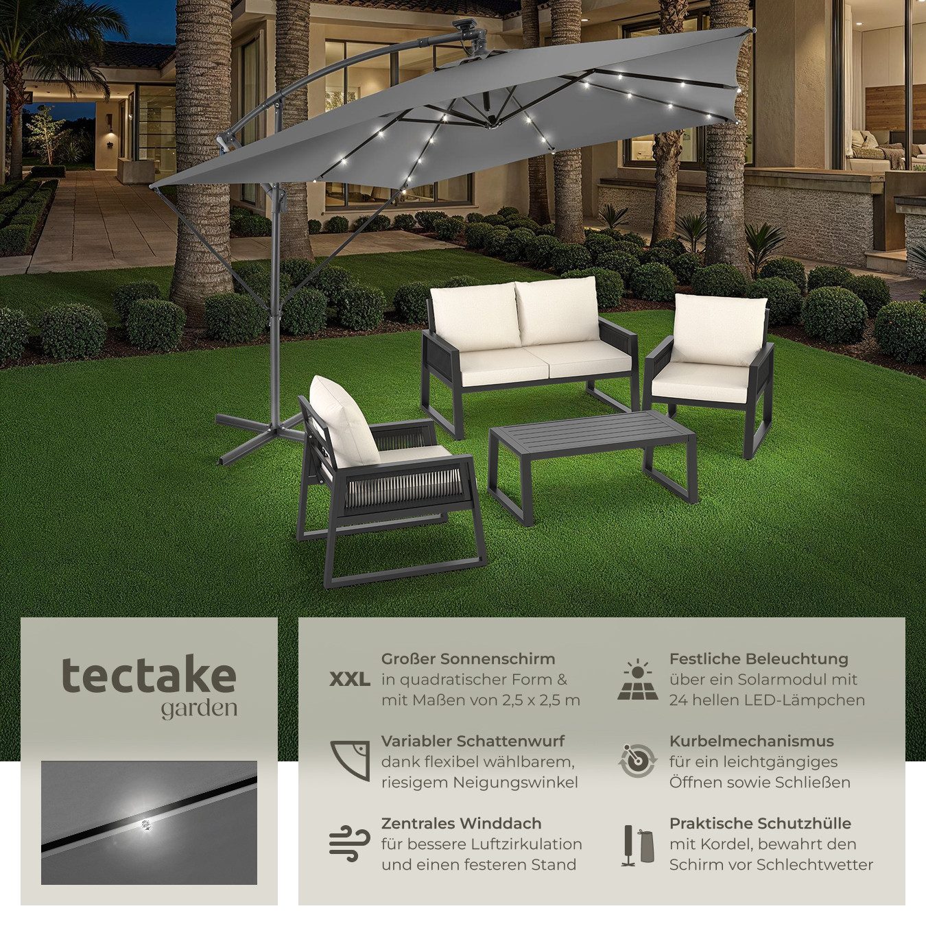 tectake Ampelschirm Sonnenschirm mit LED Solar-Beleuchtung und Winddach, 250 x 250 cm, Balkonschirm Sunna, für Außen in Hellgrau, neigbar, wasserabweisend, inkl. Windsicherung und Schutzhülle