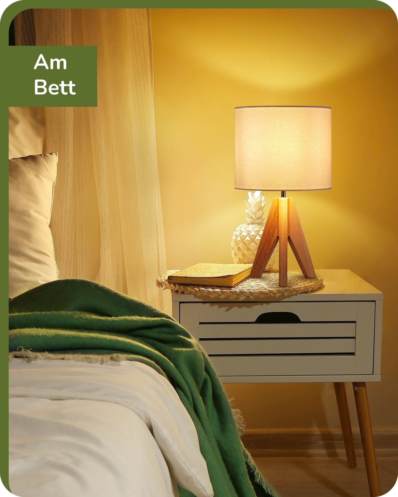 EDISHINE Nachttischlampe Vintage Tischlampe Holz mit Stoffschirm, inkl. Leuchtmittel, LED wechselbar, Warmweiß, Lampenschirm aus Leinen, für Deko, Schlafzimmer, Wohnzimmer