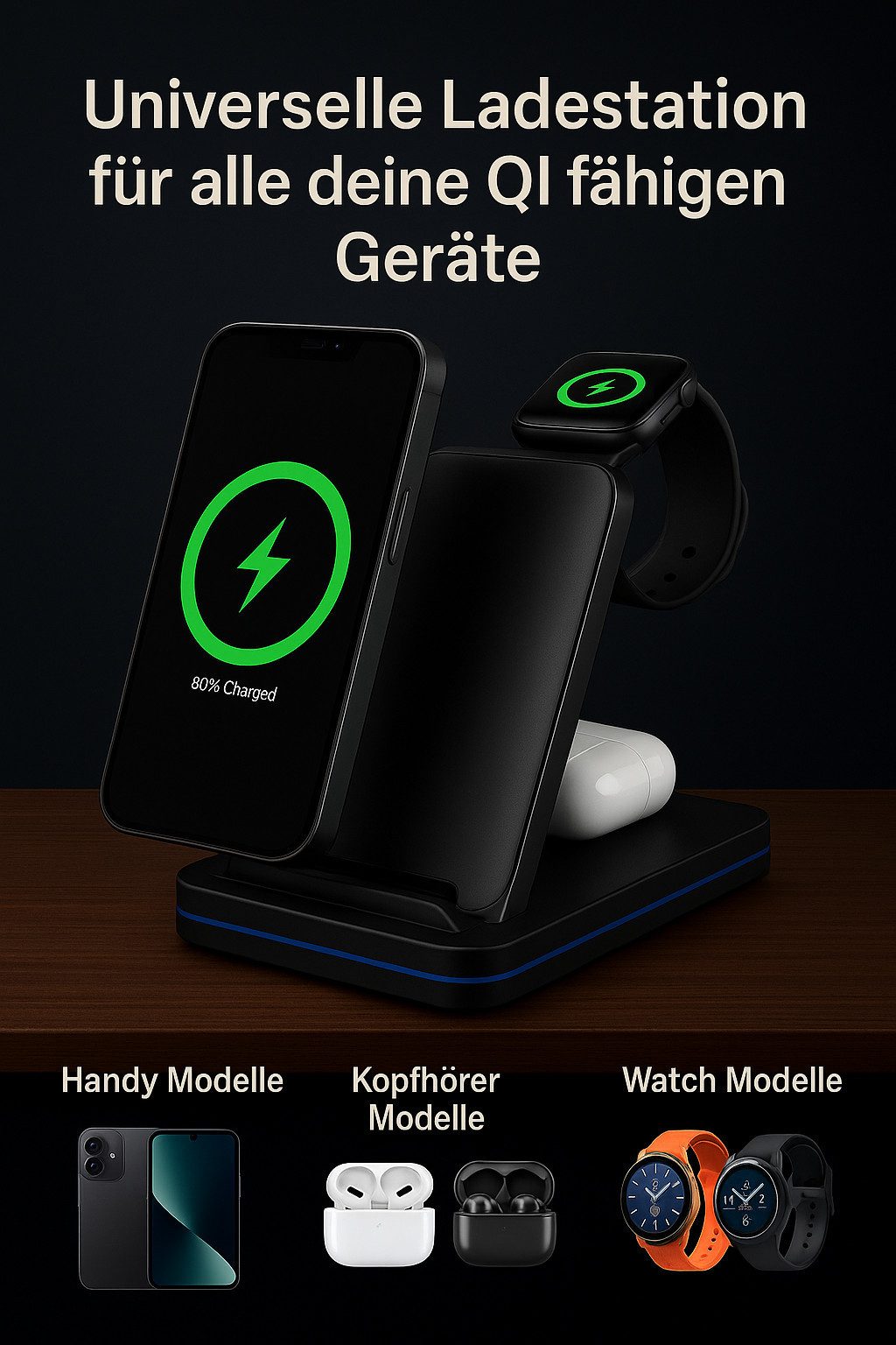 Alpha Electronics Kabelloses Ladegerät 3in1 Wireless Charger Induktions-Ladegerät (1500 mA, Spar-Set, 2-tlg., Universelle QI Kompatibilität, Ladestation für iPhone 17/16/15 für Apple Watch Ultra 10 9 8 Air Pods)