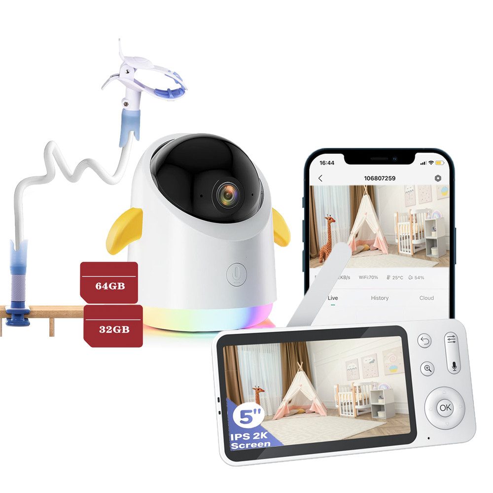 Babyphone 2K/5,0 Zoll WLAN Babyphone mit Kamera und App IR/RBG Nachtsicht