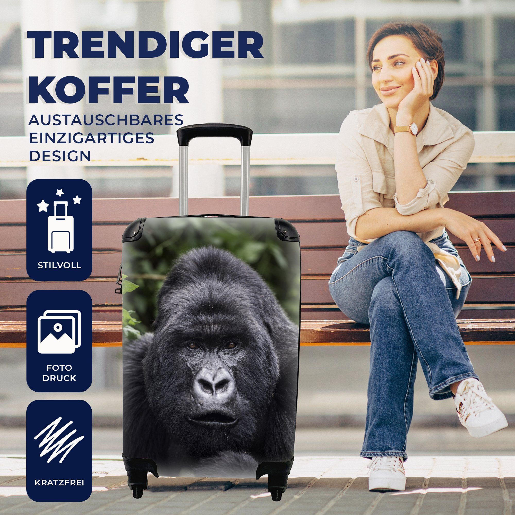 MuchoWow Handgepäckkoffer Gorilla schaut mit 4 rollen, perlweißen Kamera, Rollen, Reisekoffer Trolley, in Augen mit die für seinen Reisetasche Ferien, Handgepäck