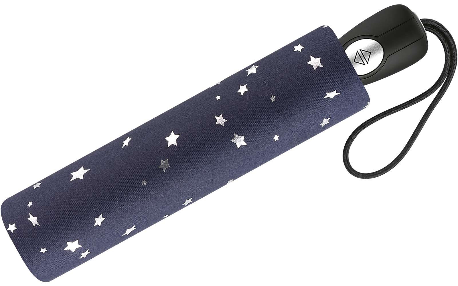 Pierre Cardin Auf-Zu-Automatik, Taschenregenschirm blau-silber Design traumhafte Sterne in verspieltem Damen-Regenschirm schöner mit