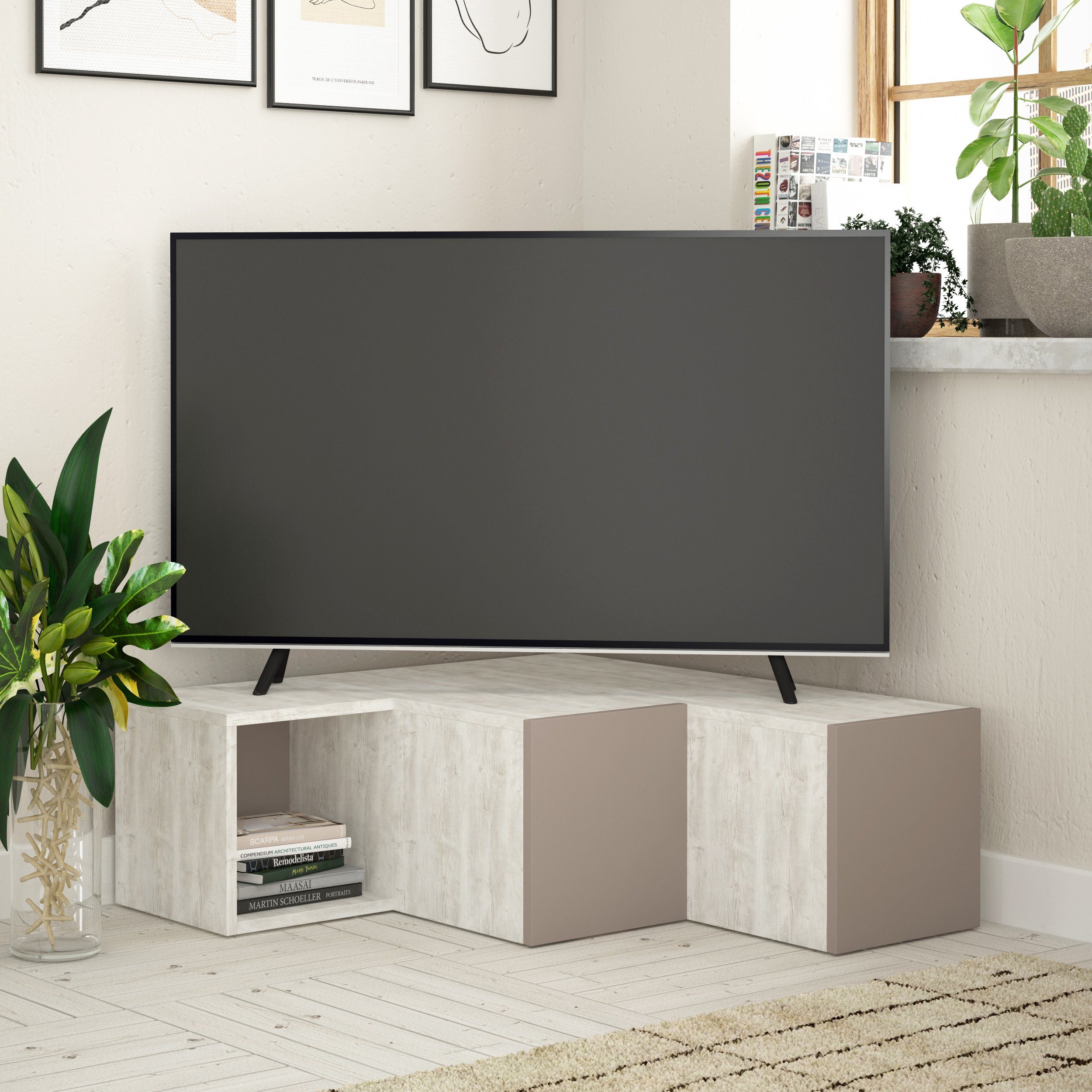 Decortie Compact TV-Ständer, (bis 50,00 Zoll, Moderner TV-Ständer TV-Element Mit Wandregal, 90,6 x 94,2 x 31,4 cm) Altweiß-Helles Mokka