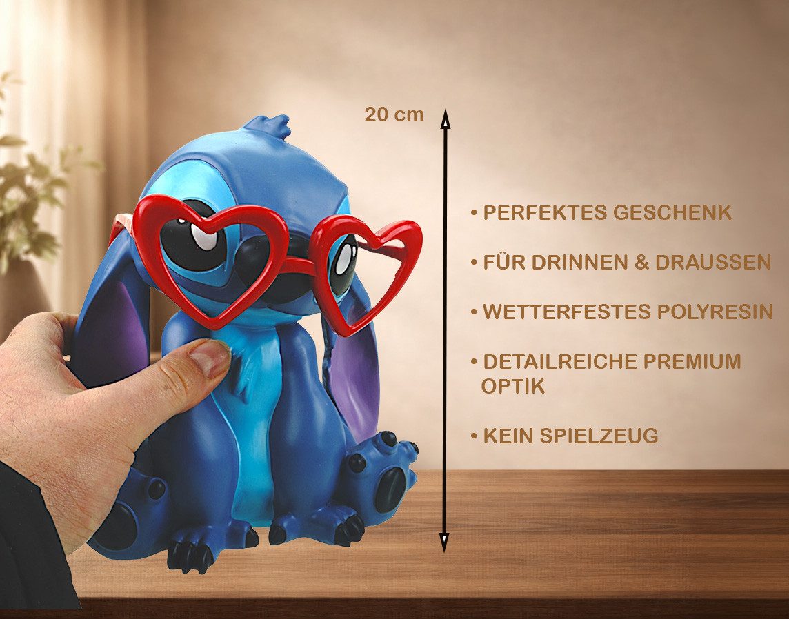 Disney Gartenfigur Stitch mit Herz Brille Wetterfeste Disney Dekofigur Polyresin 20 cm