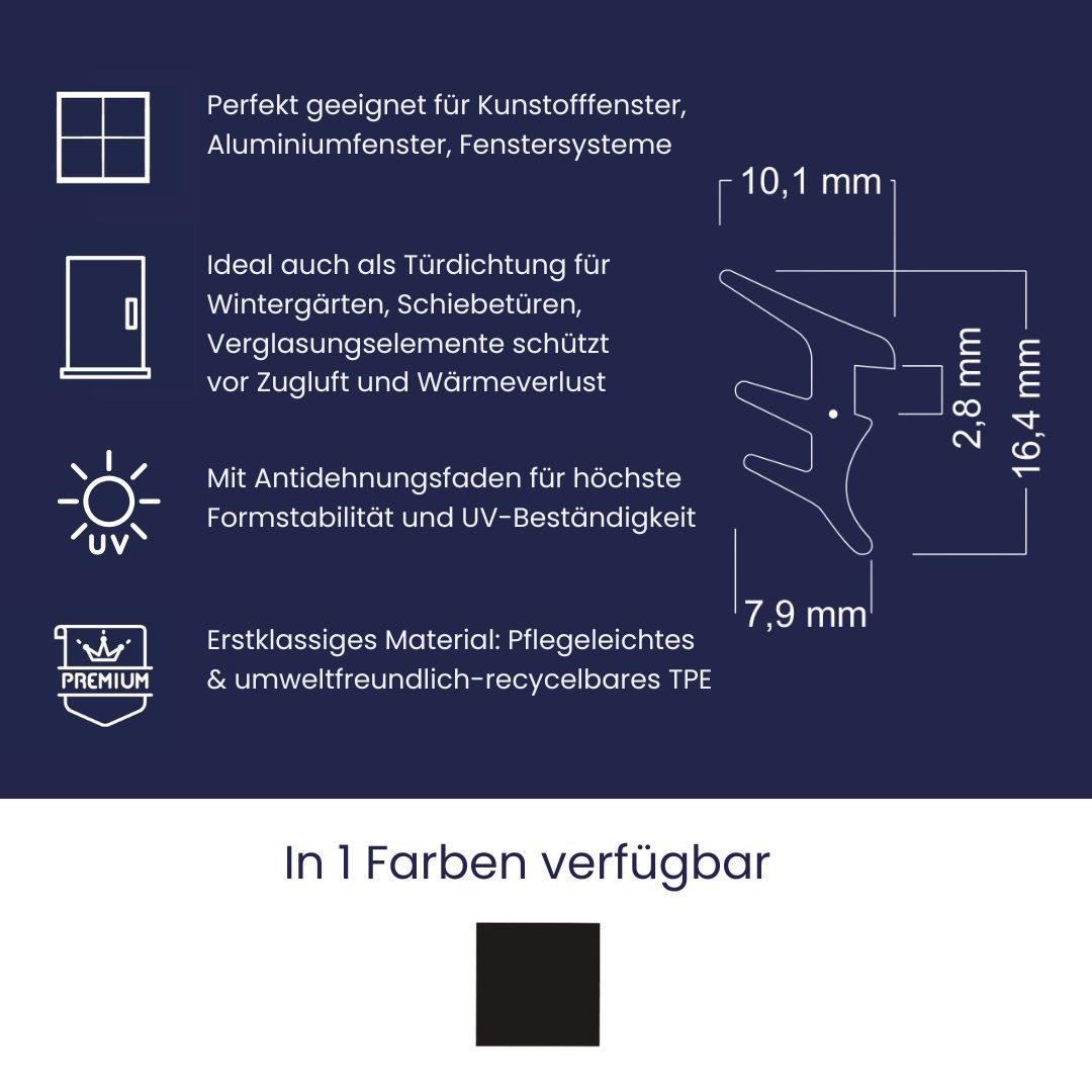 Dikara Profildichtungsband Fensterdichtung Fenster-Systeme Nutbreite 7,9mm Höhe 16,4mm, Antidehnungsfaden, TPE