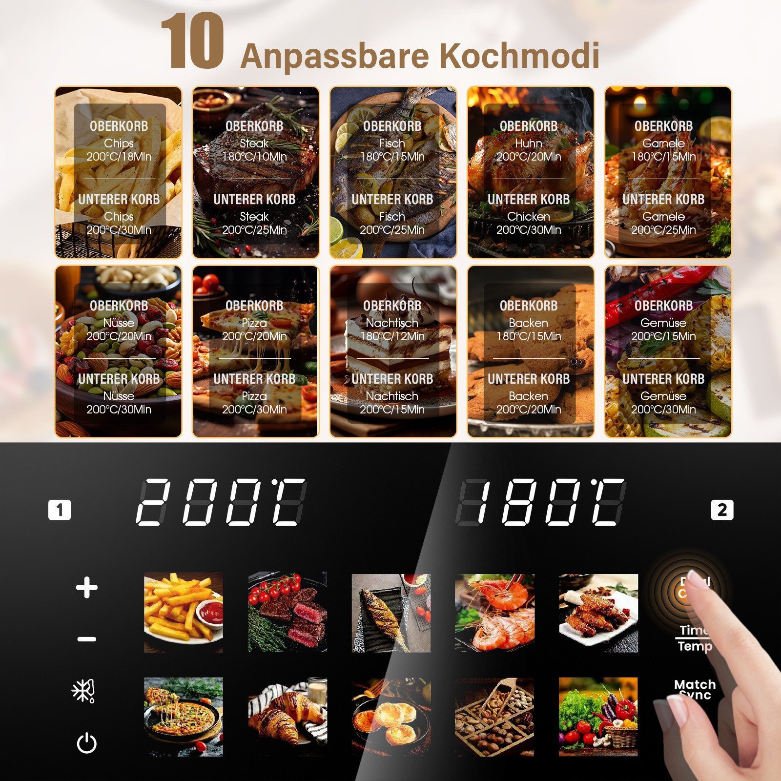 oyajia Heißluftfritteuse Airfryer XXL Dual Zone, 2 vertikale Schubladen, 10 Kochfunktionen, 2600,00 W, Heißluftfritteuse, 32% platzsparender, Sync und Match-Funktion