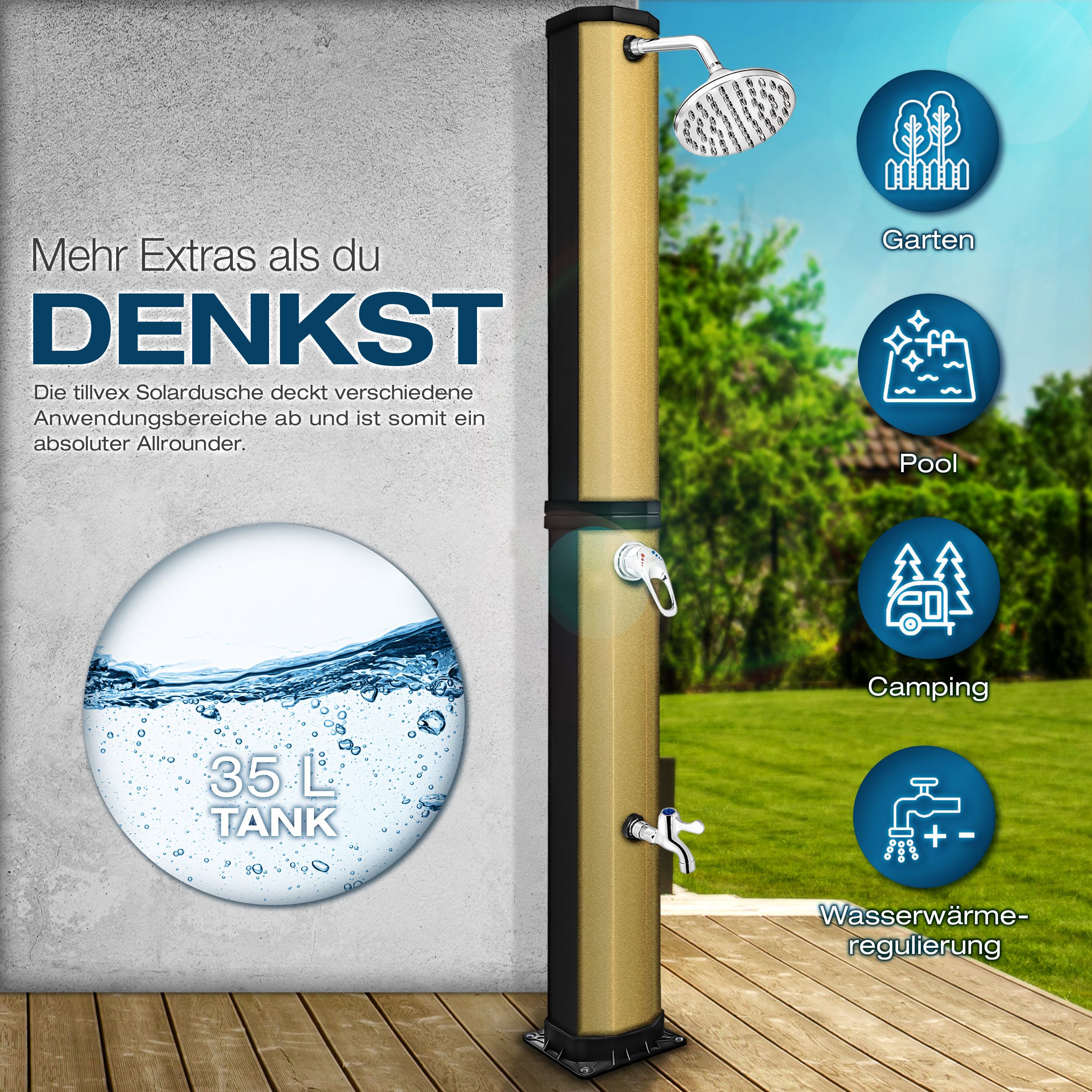 tillvex Solardusche Solar Gartendusche 35 Liter inklusive Schutzhaube, warmes Wasser, Pooldusche Camping ohne Strom